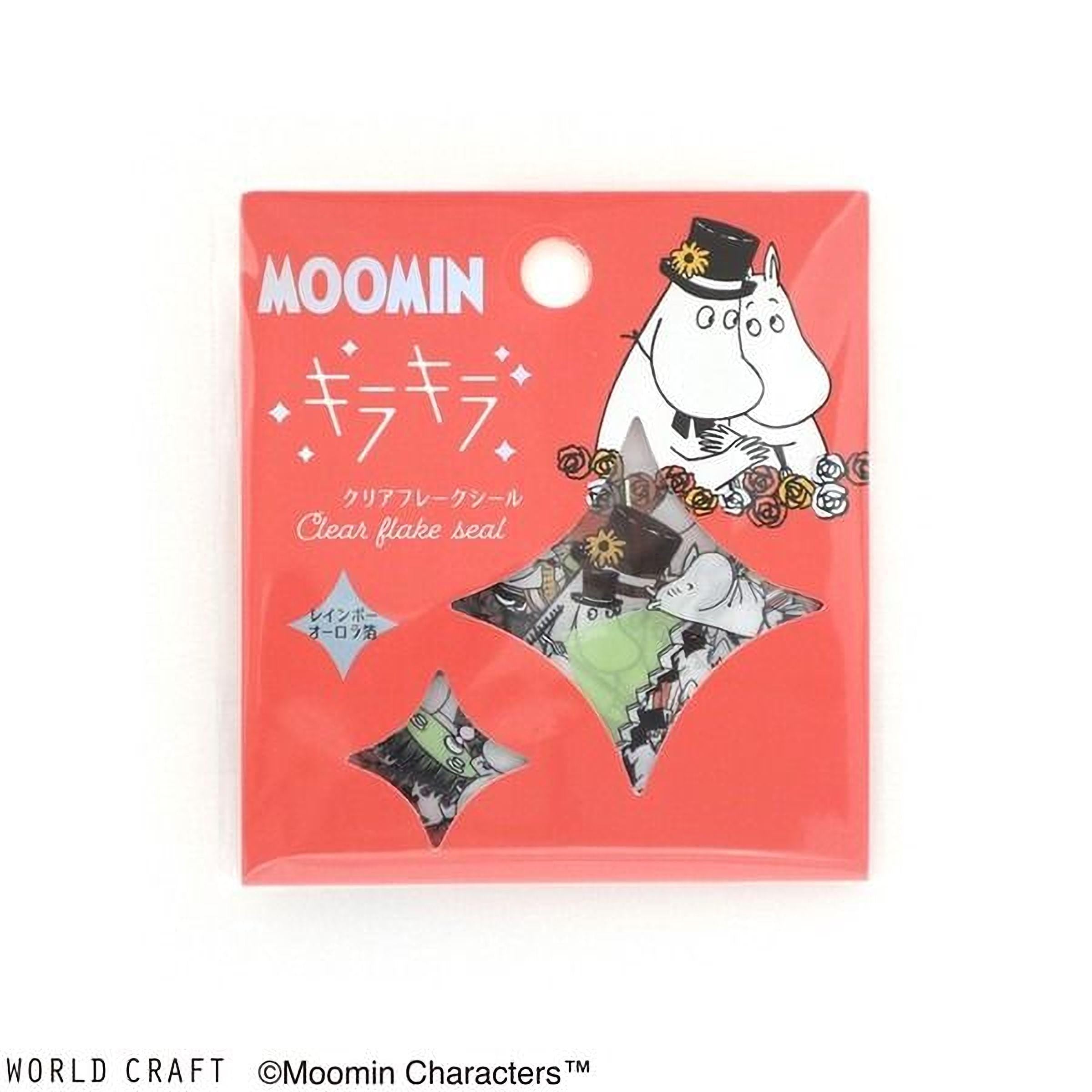 The image is a red package containing a collection of Moomin characters, including a character wearing a top hat and holding a flower.