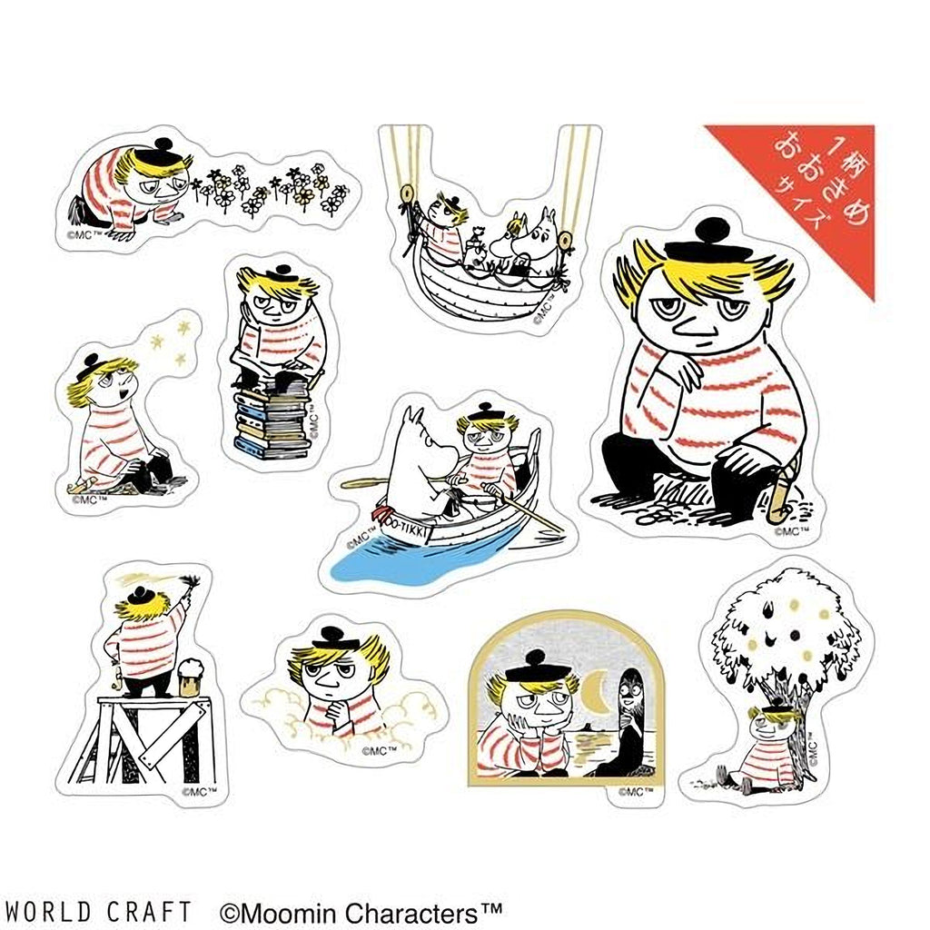 a collection of cartoon character stickers, each depicting a different character from the Moomin characters series. The stickers feature various poses, expressions, and actions of the characters, creating a lively and dynamic collage.