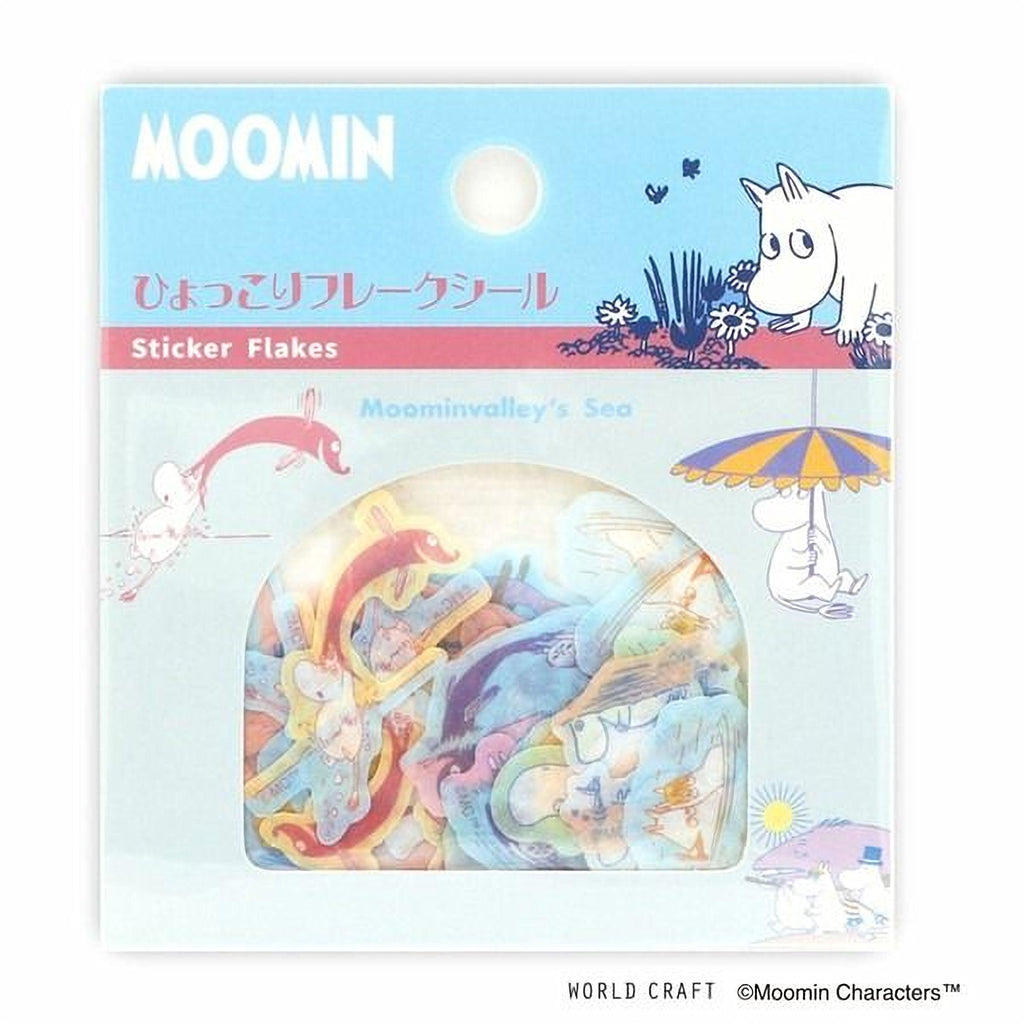 The image is a package of Moomin Sticker Flakes featuring various cartoon characters and scenes, including a sea scene with a small boat and a pink fish.
