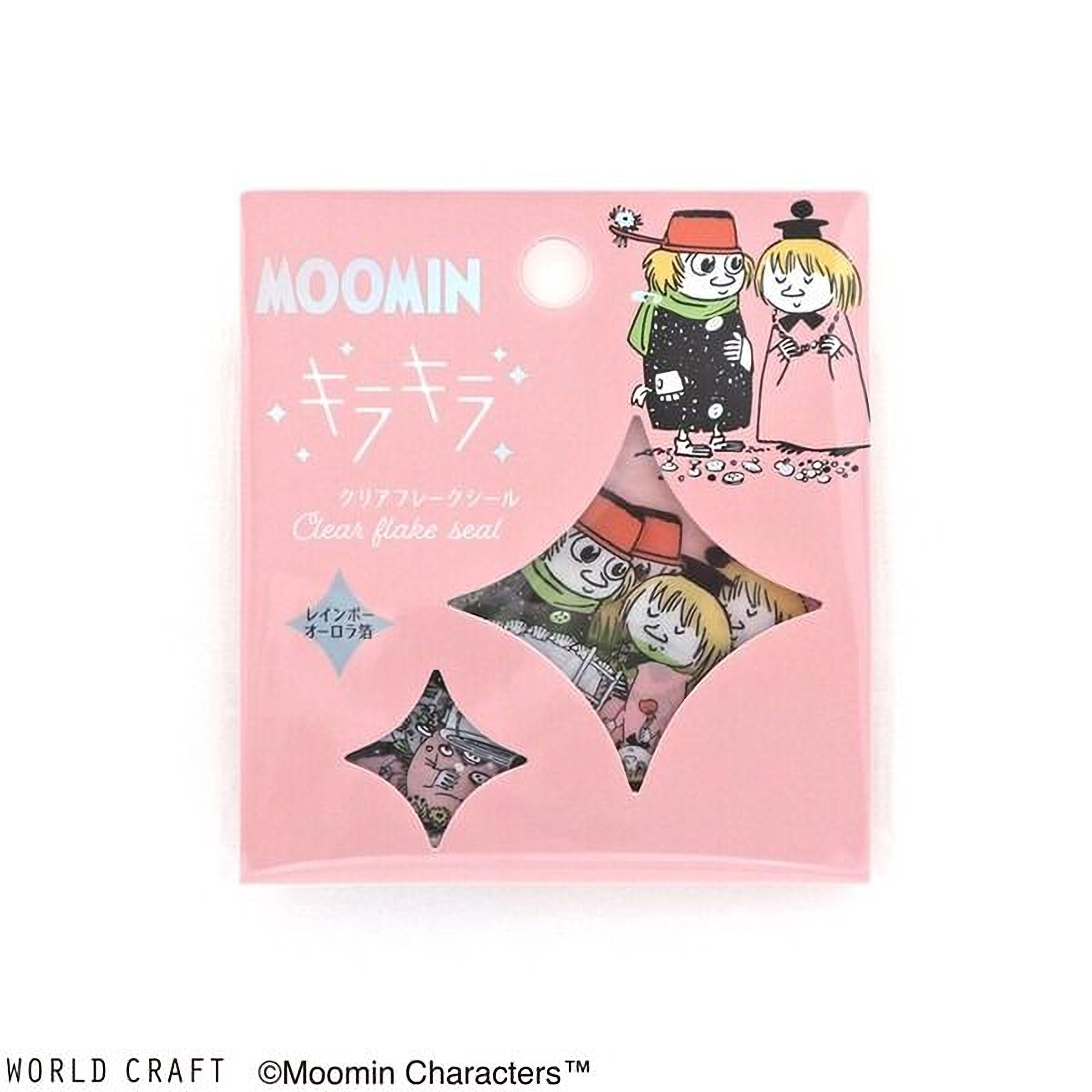 The image is a pink packaging box for a product called "Moomin Characters" featuring various cartoon characters.