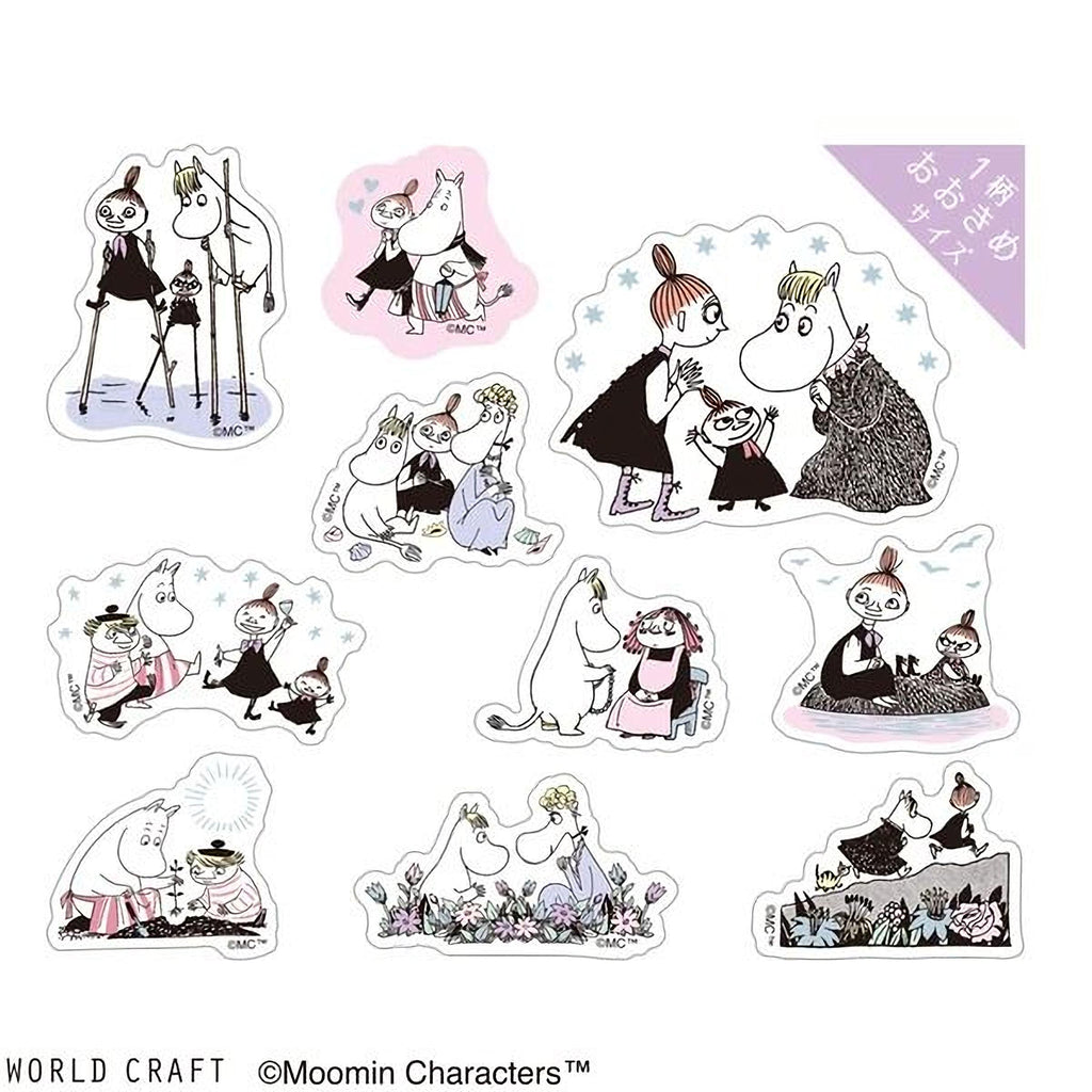 a collection of illustrated stickers depicting various characters from the Moomin series, including Moomin, Moomin's family, and other Moomin-themed characters.