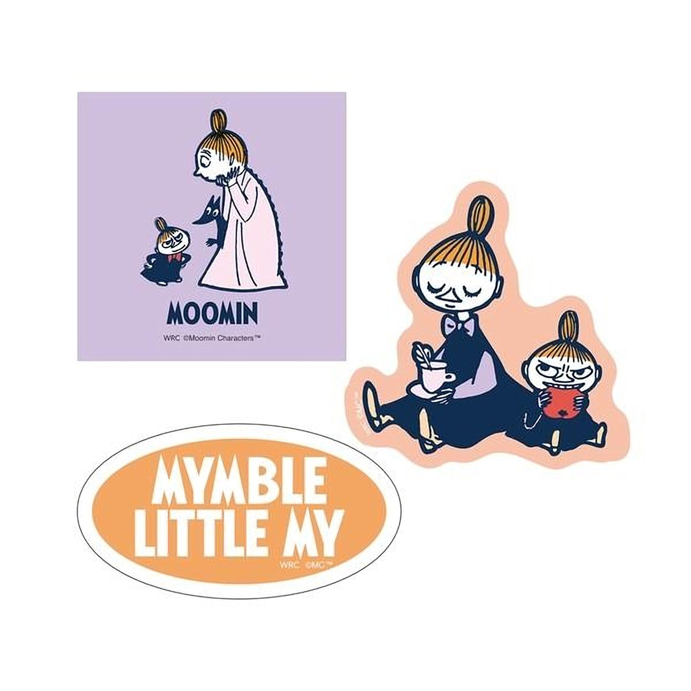 three cartoon-style illustrations of Moomin characters, including a woman holding a baby, a woman sitting with a baby, and a woman holding a baby. The image also includes a sticker with the text "MYMBLE LITTLE MY" and a logo for "WRC" (World of Comics).