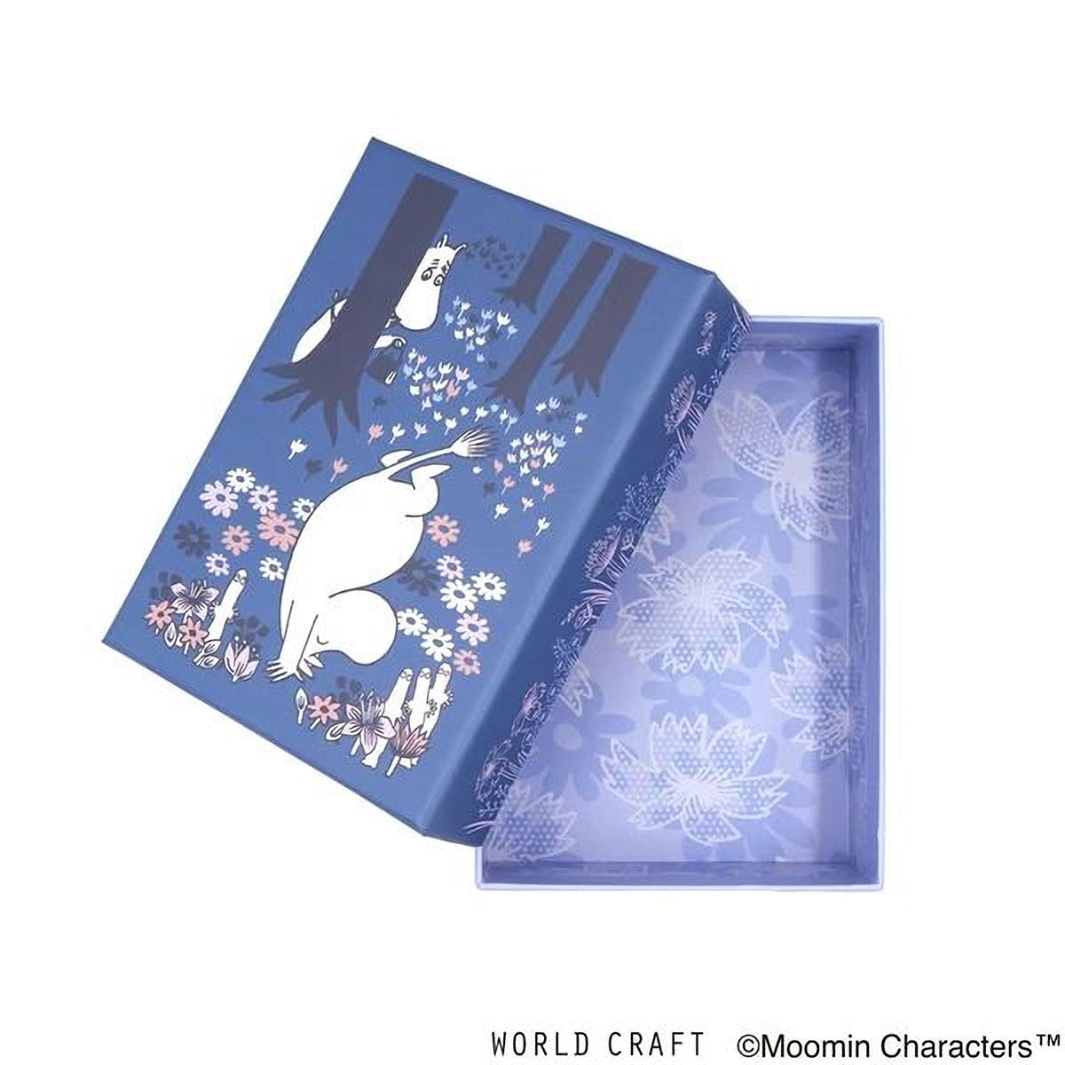 a blue box with a floral design and a white mohawk character on it.