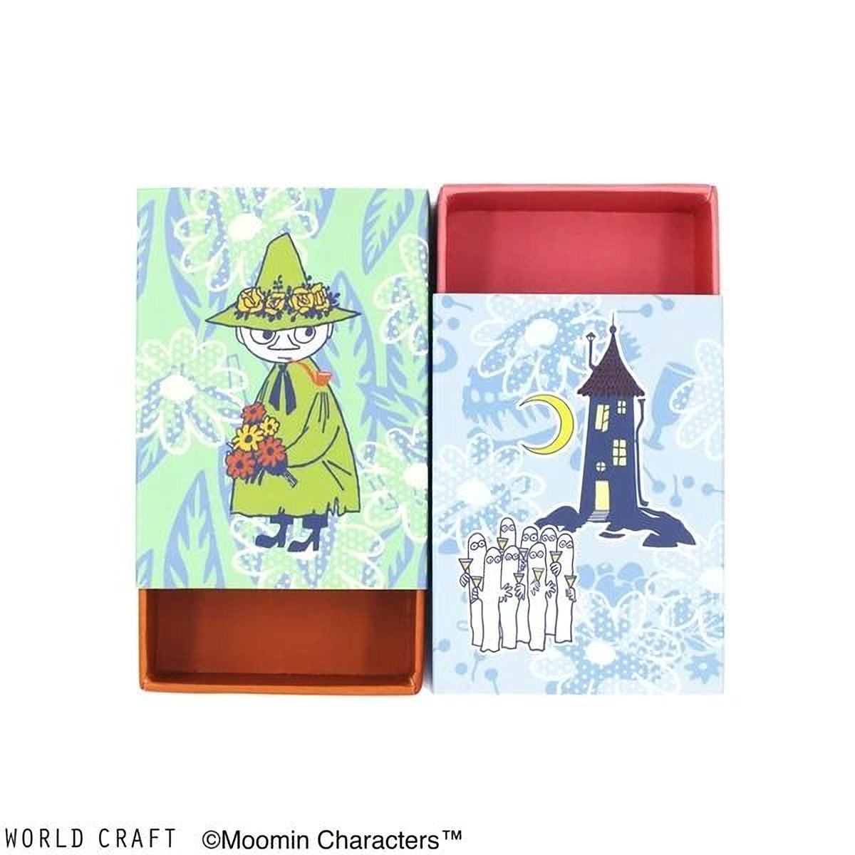 two open drawers, each with a different illustration on the front. The drawer on the left has a colorful illustration of a character wearing a green outfit and a flower crown, while the drawer on the right has a drawing of a house with a crescent moon and a group of people.