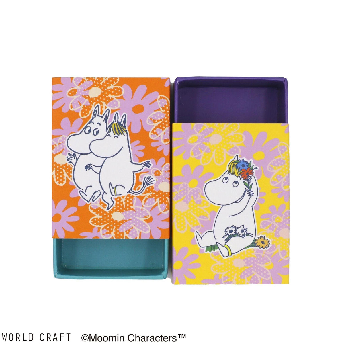 two colorful boxes with illustrations of Moomin characters, one with an orange and pink floral pattern and the other with a yellow and pink floral pattern.