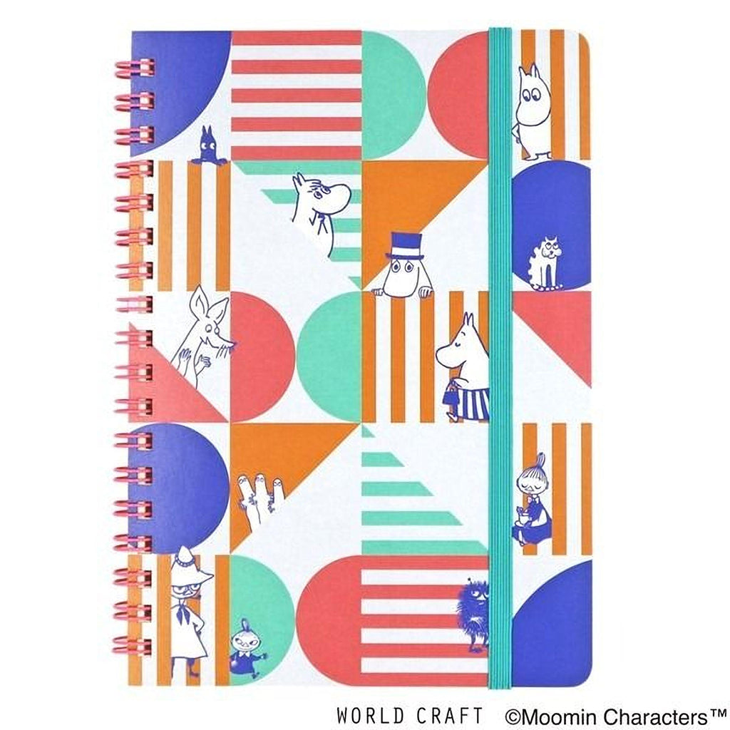 a colorful spiral-bound notebook with a playful, cartoon-like design. The notebook has a mix of geometric shapes, such as circles, triangles, and rectangles, as well as various cartoon-style characters, including Moomins, which are anthropomorphic mice. The design is vibrant and visually engaging, making it an attractive and fun choice for a notebook or sketchbook.