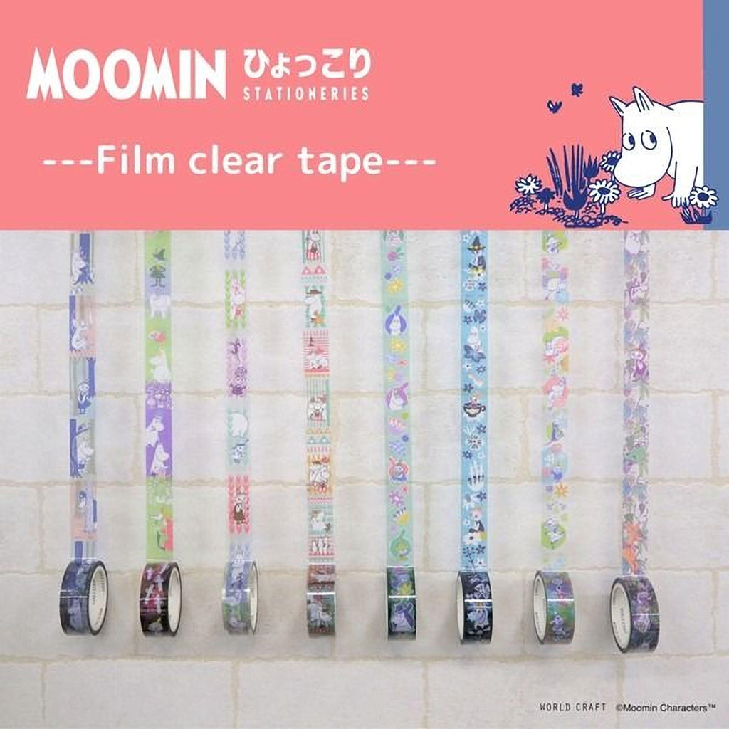 A collection of colorful Moomin stationery items, including clear tape, displayed on a brick wall.