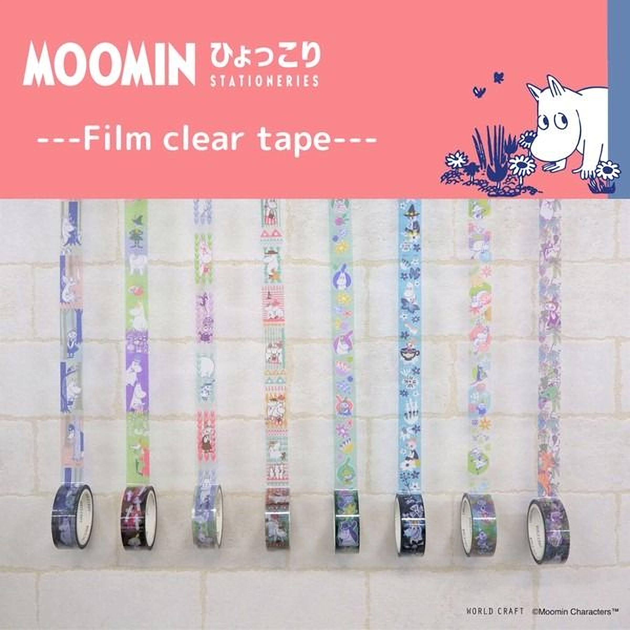 A collection of colorful Moomin stationery items, including clear tape, displayed on a brick wall.