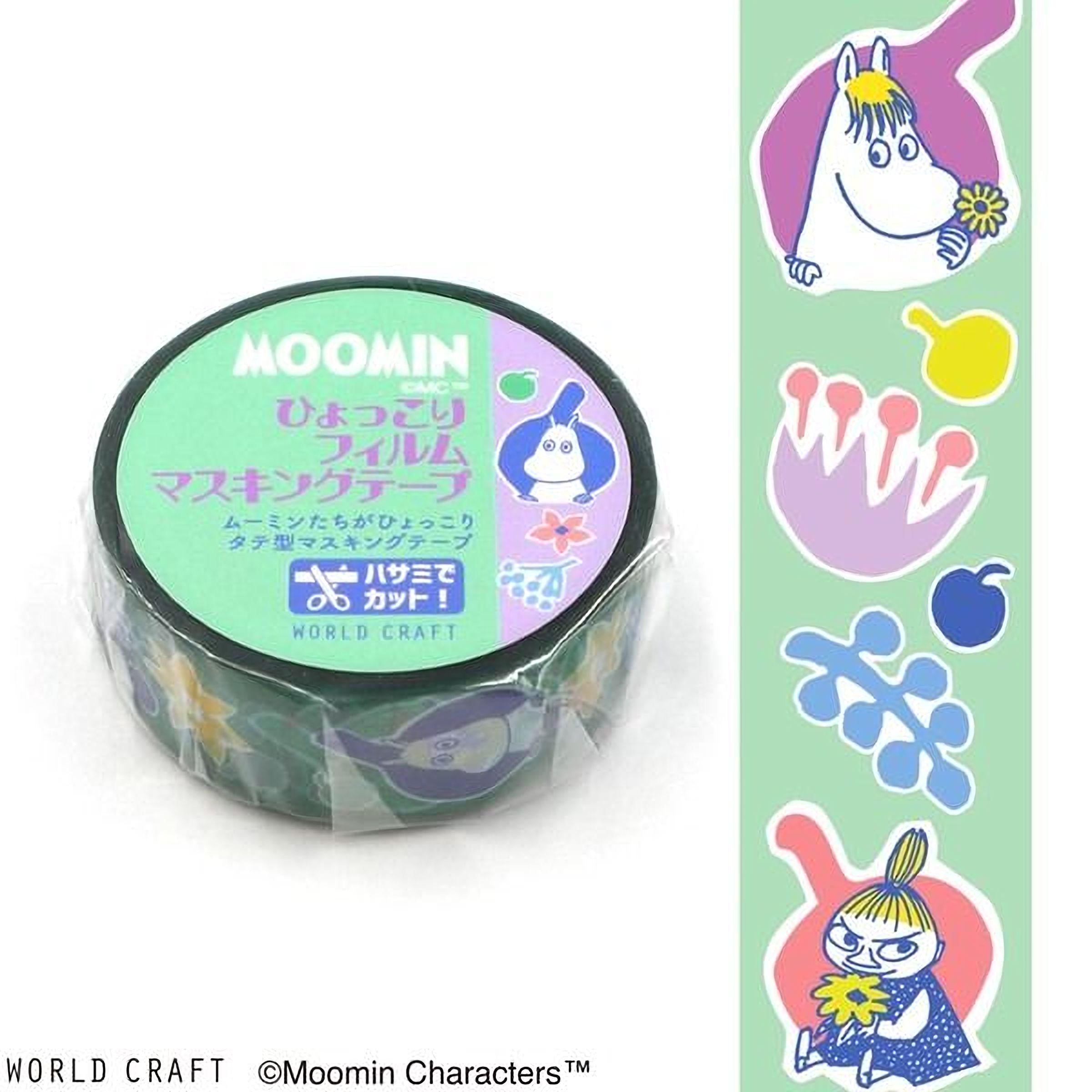 a roll of Moomin craft tape with colorful designs and characters on it, along with a vertical strip of Moomin characters.
