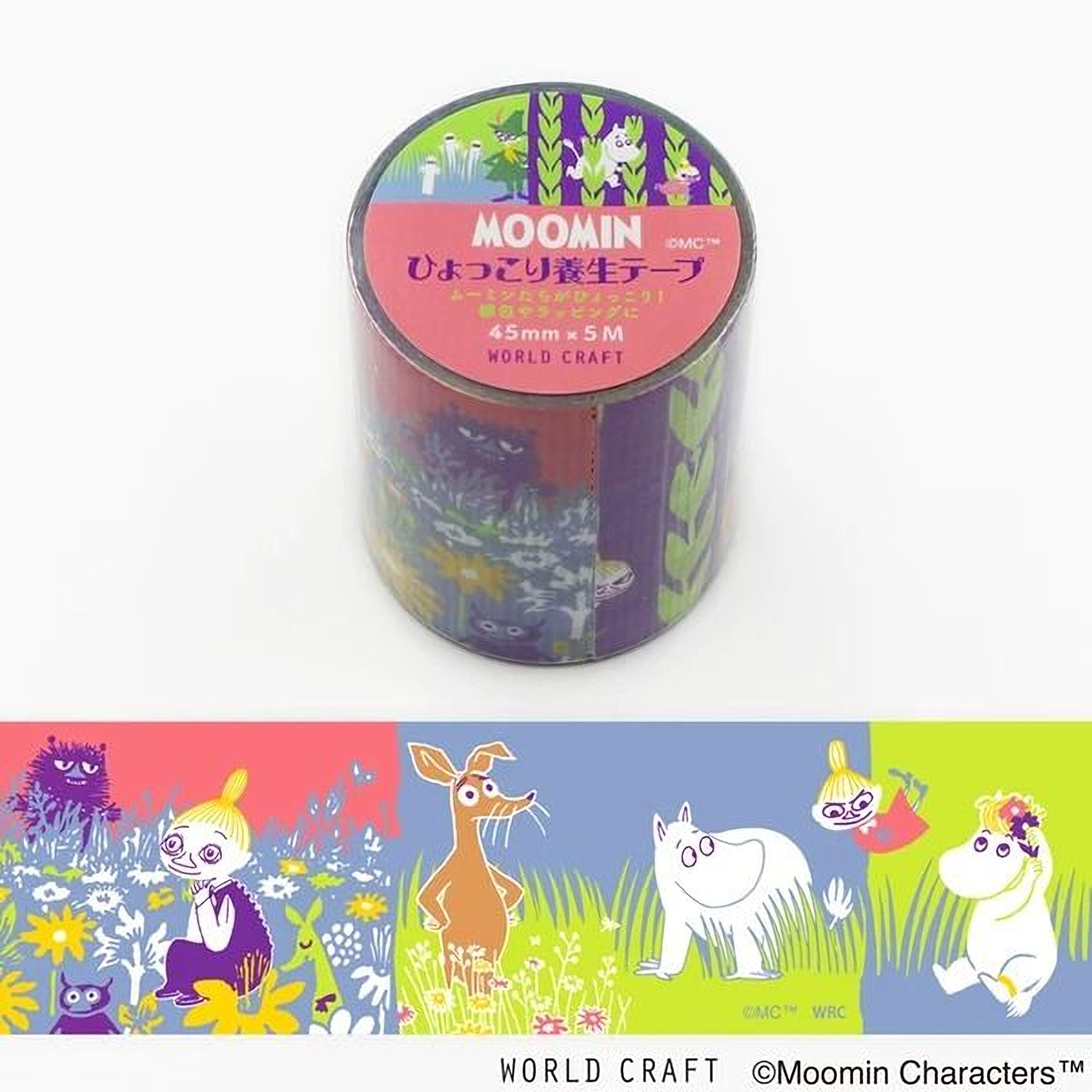 A roll of Moomin craft tape featuring colorful illustrations of Moomin characters and nature scenes.