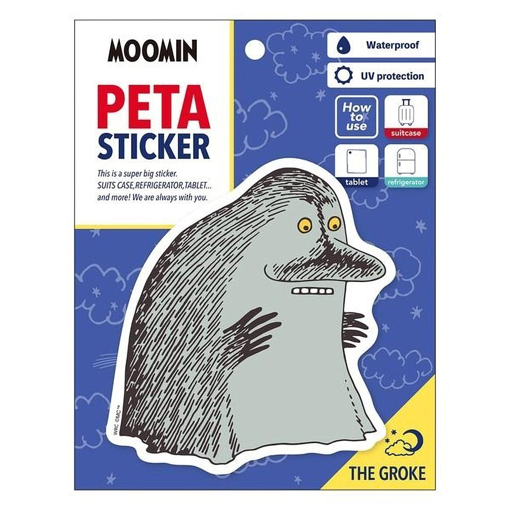 a sticker of a gray penguin with a creepy expression, and it is described as a "Moomin PETA STICKER" with a waterproof and UV protection feature.