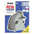 a sticker of a gray penguin with a creepy expression, and it is described as a "Moomin PETA STICKER" with a waterproof and UV protection feature.