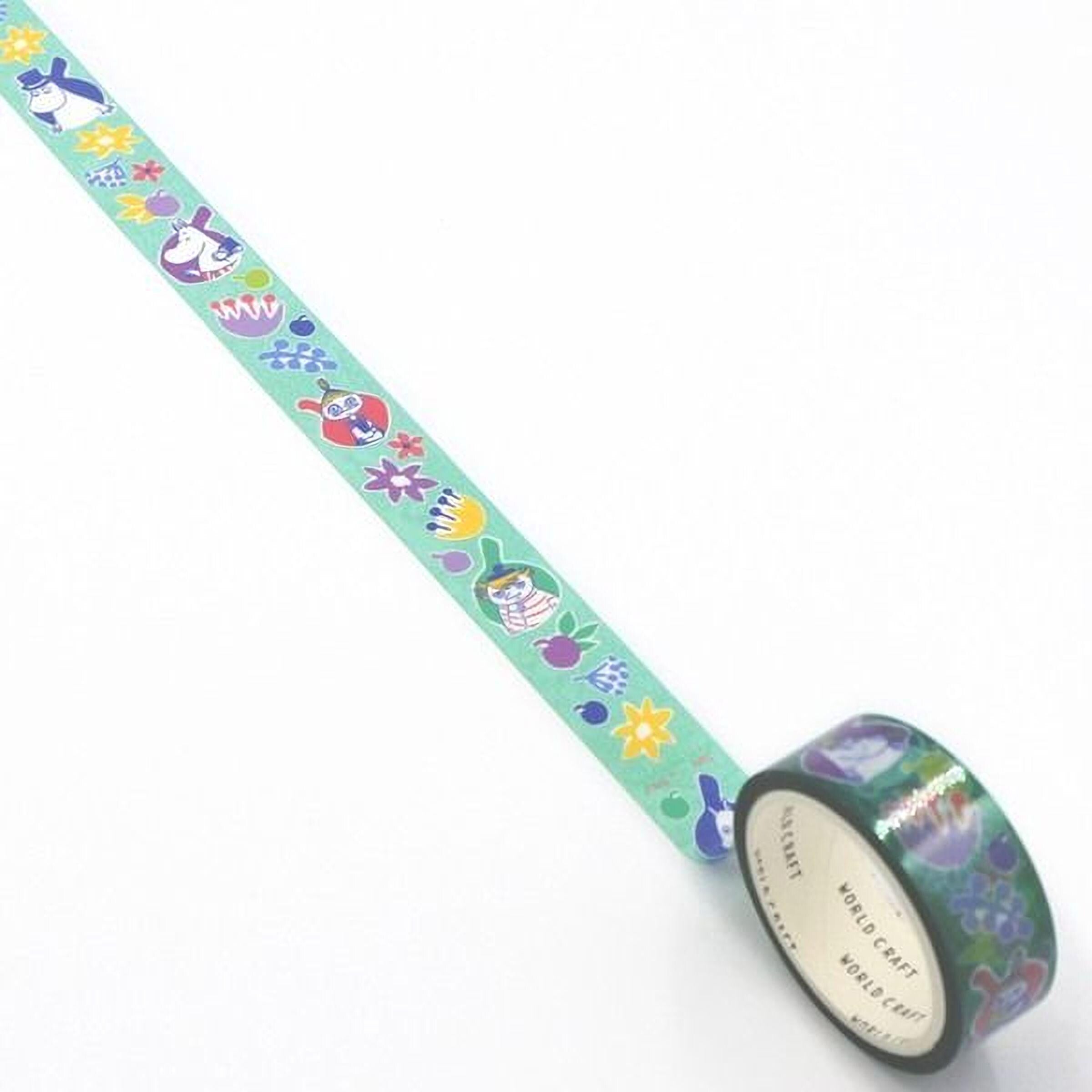 A roll of colorful, patterned tape with various designs and characters on it, placed on a white surface.