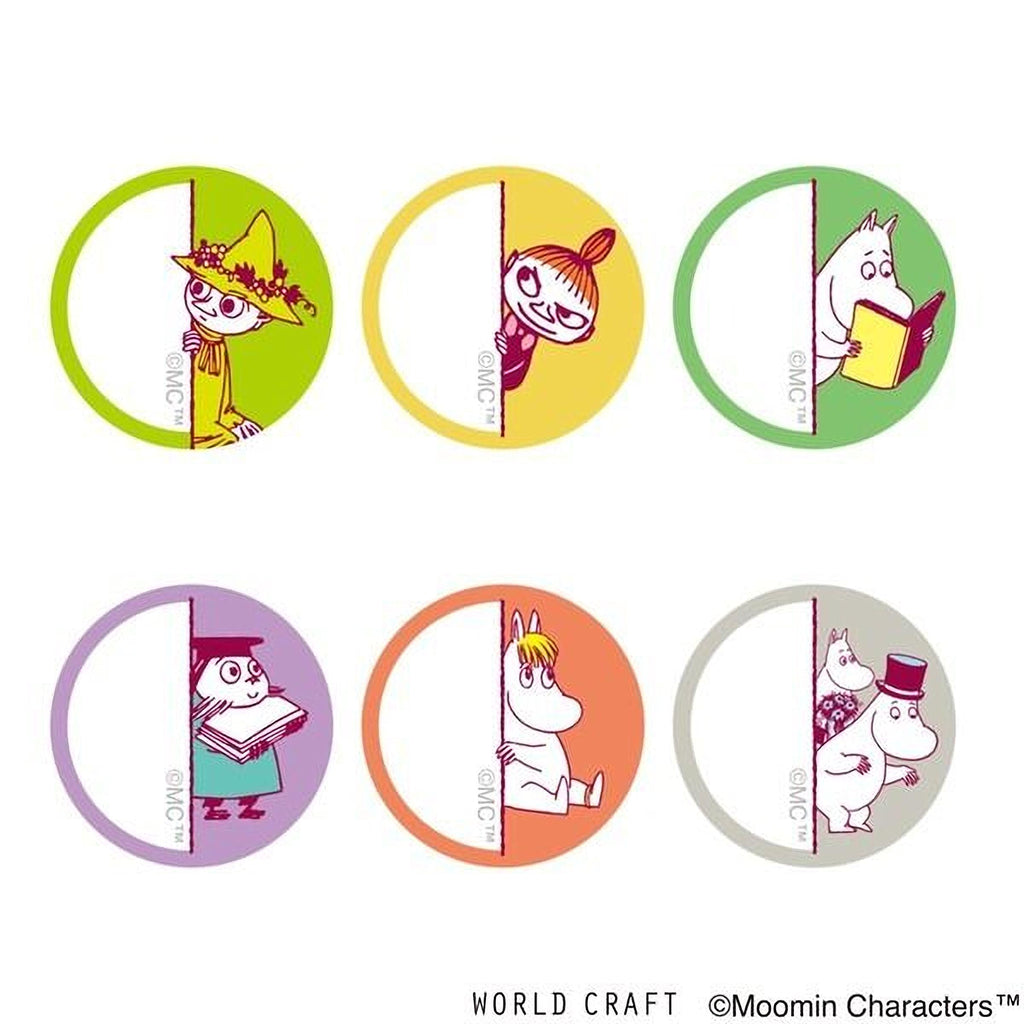 six circular stickers featuring illustrations of Moomin characters in various poses and expressions.