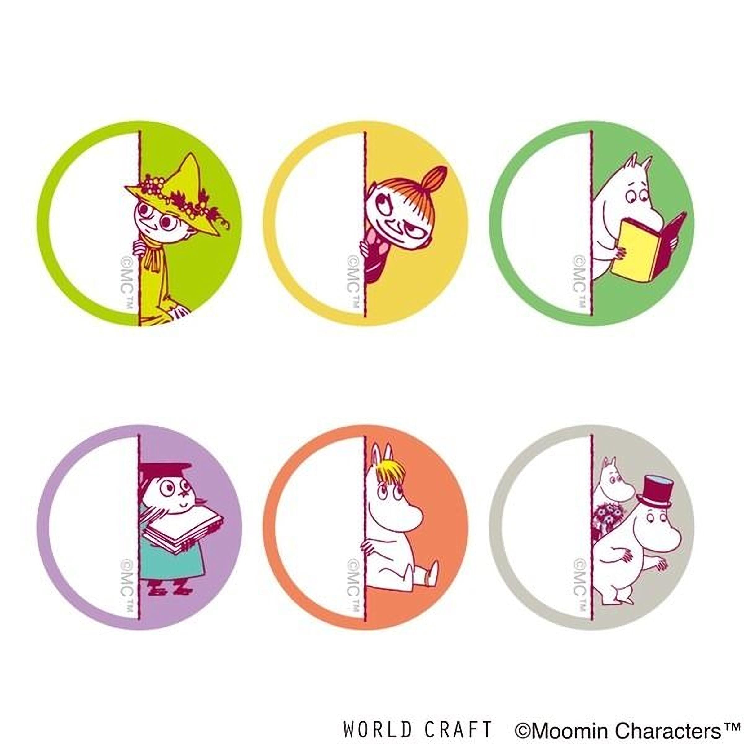 six circular stickers featuring illustrations of Moomin characters in various poses and expressions.