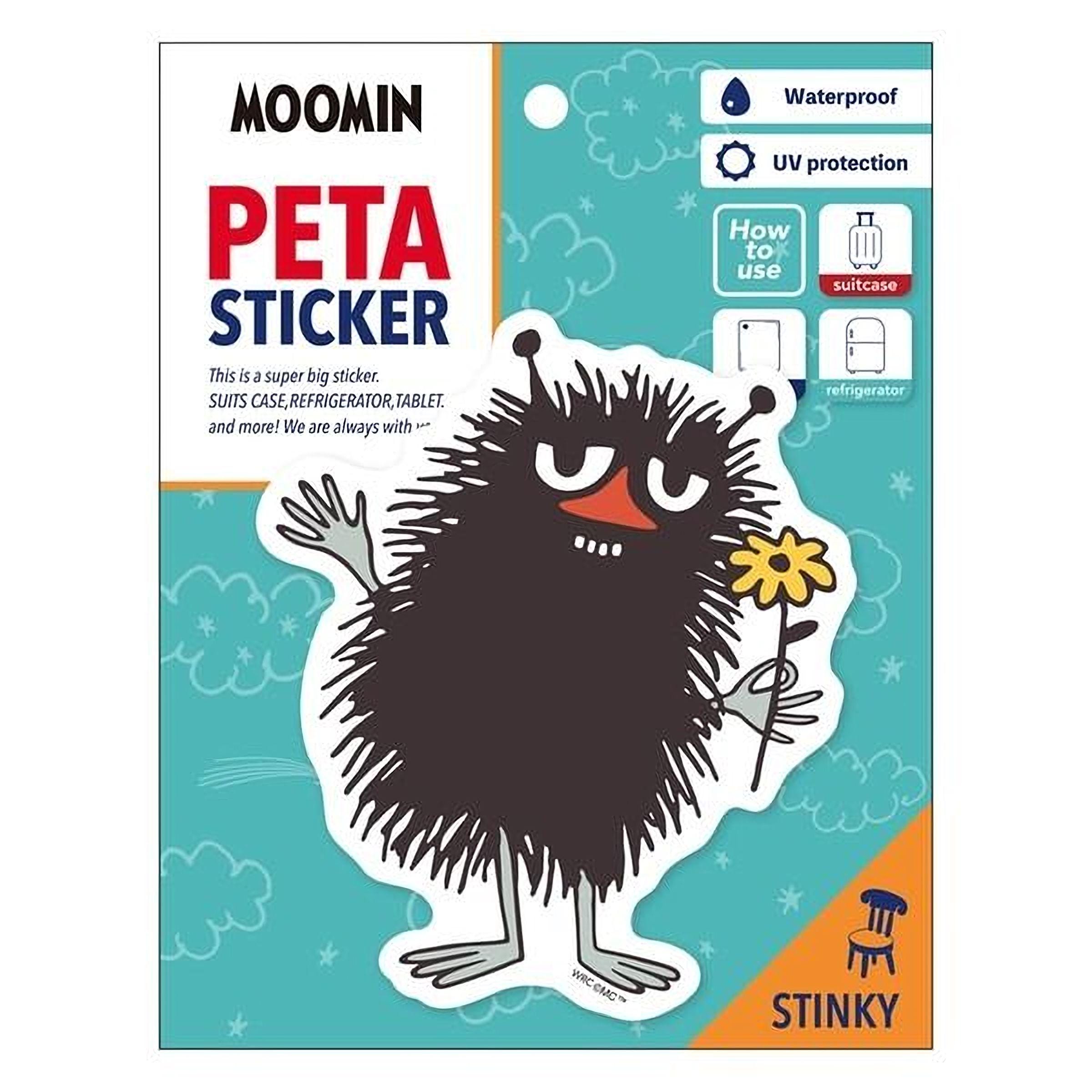 a sticker of a black, furry creature holding a yellow flower.