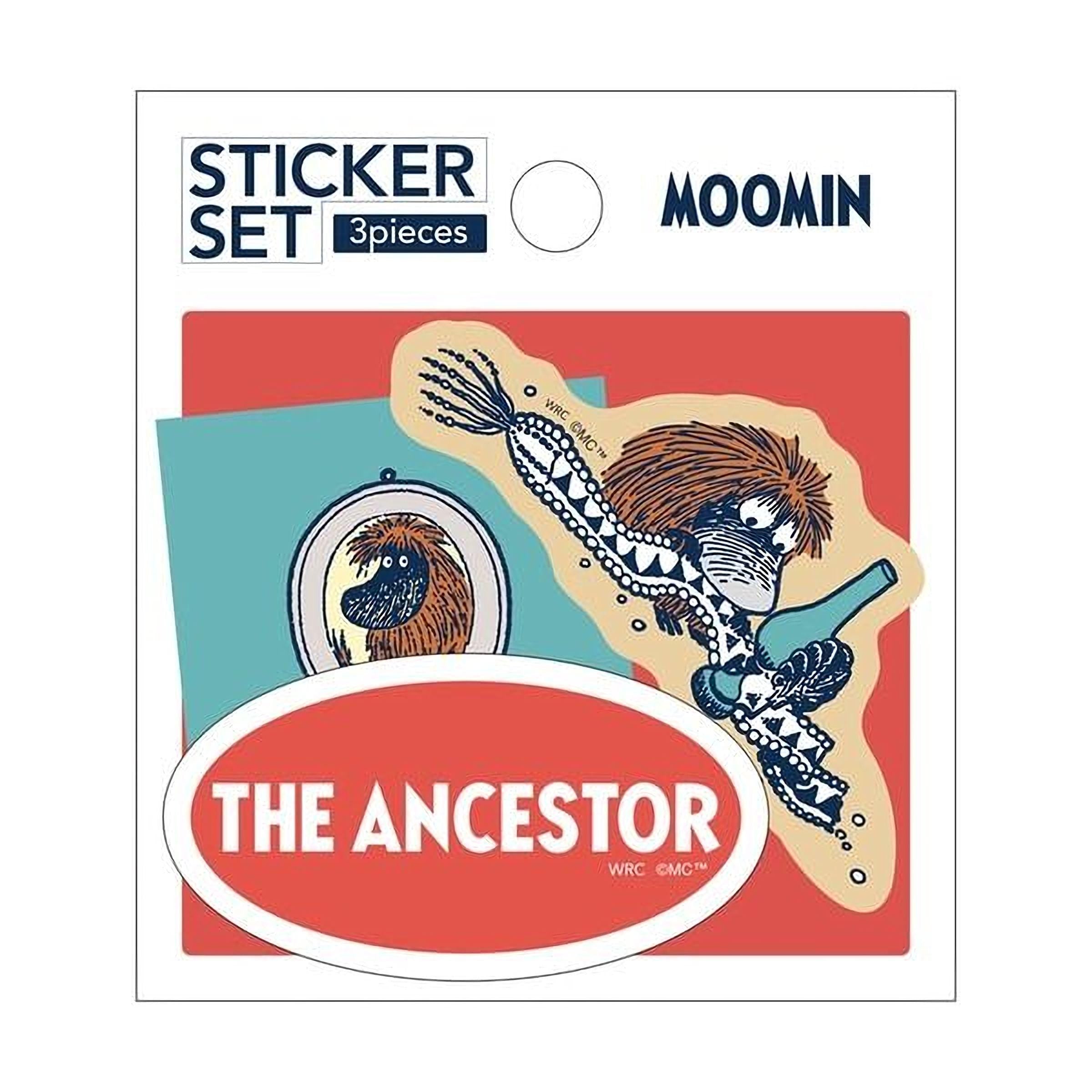 The image is a sticker set featuring a character named "The Ancestor" with a bottle of alcohol. The sticker set includes three pieces, and the product is from Moomin.