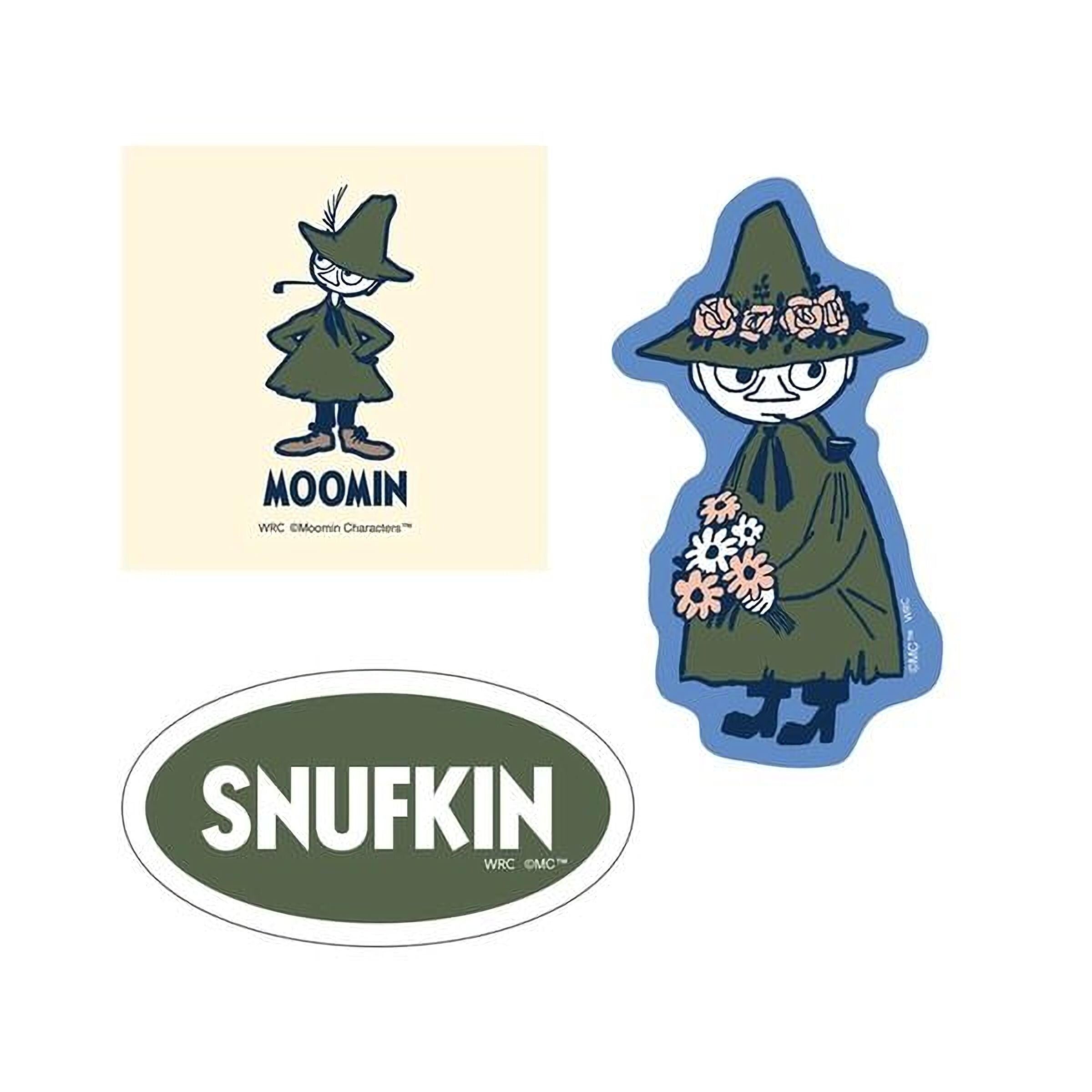 a sticker featuring the character Moomin, a character from the Moomin series, and a sticker depicting the character Snufkin, another character from the Moomin series.