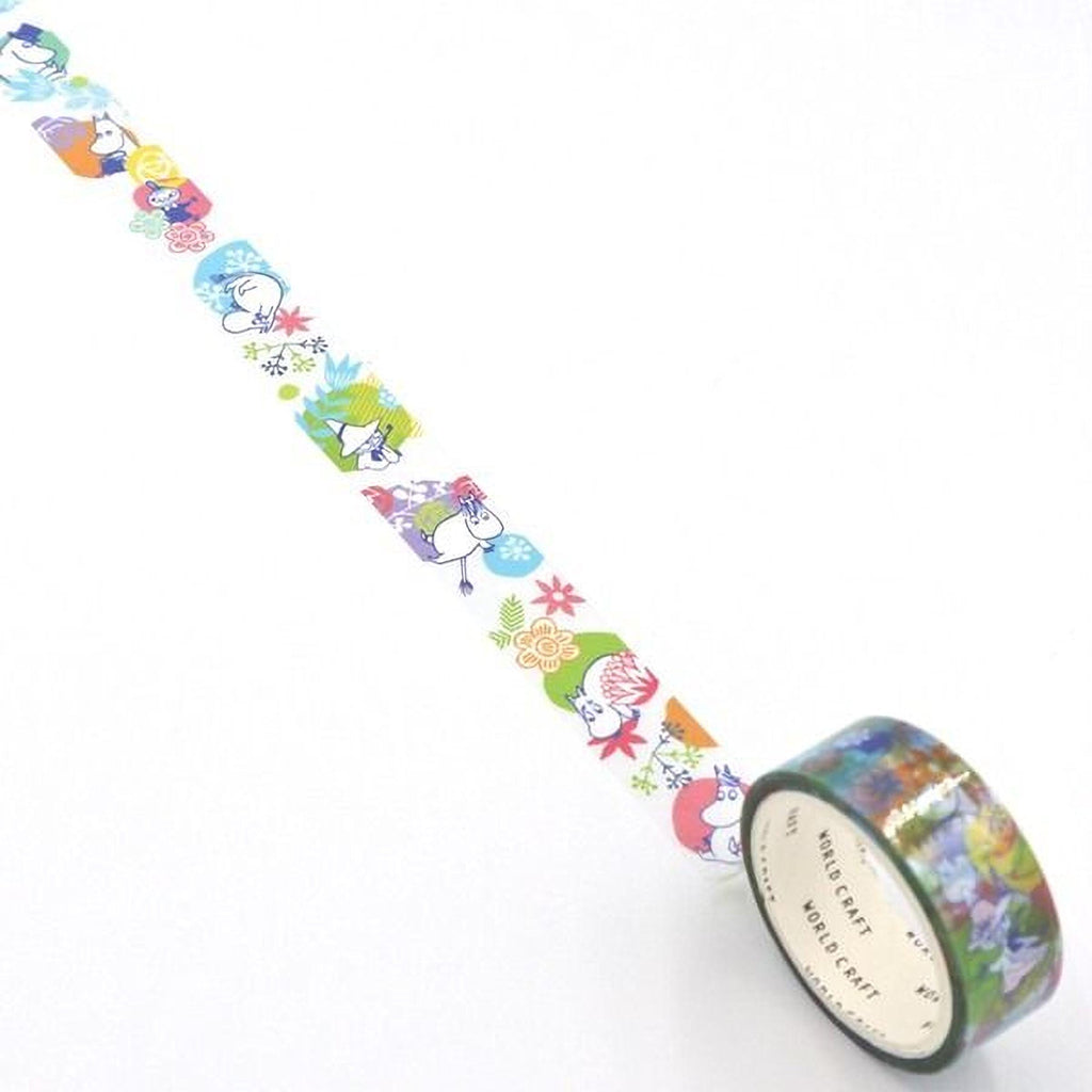 A roll of colorful patterned tape with various cartoon-like characters and designs on it, placed on a white surface.