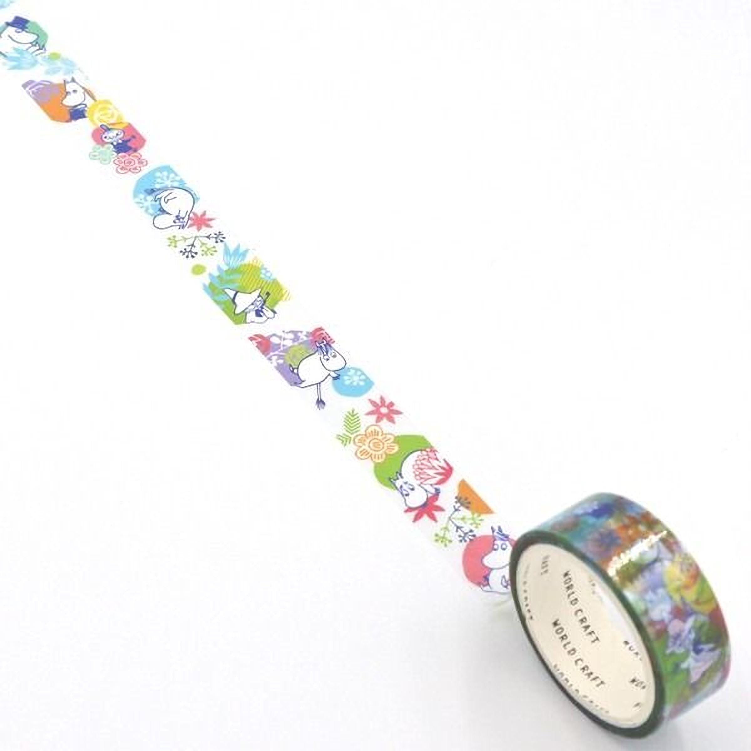 A roll of colorful patterned tape with various cartoon-like characters and designs on it, placed on a white surface.