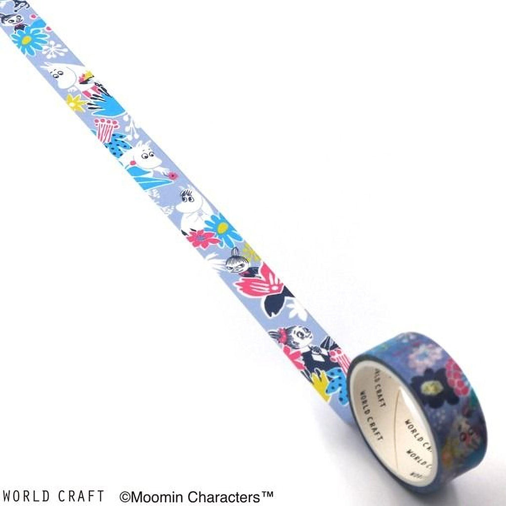 A roll of colorful patterned tape with a design of various cartoon characters on it, placed on a white surface.