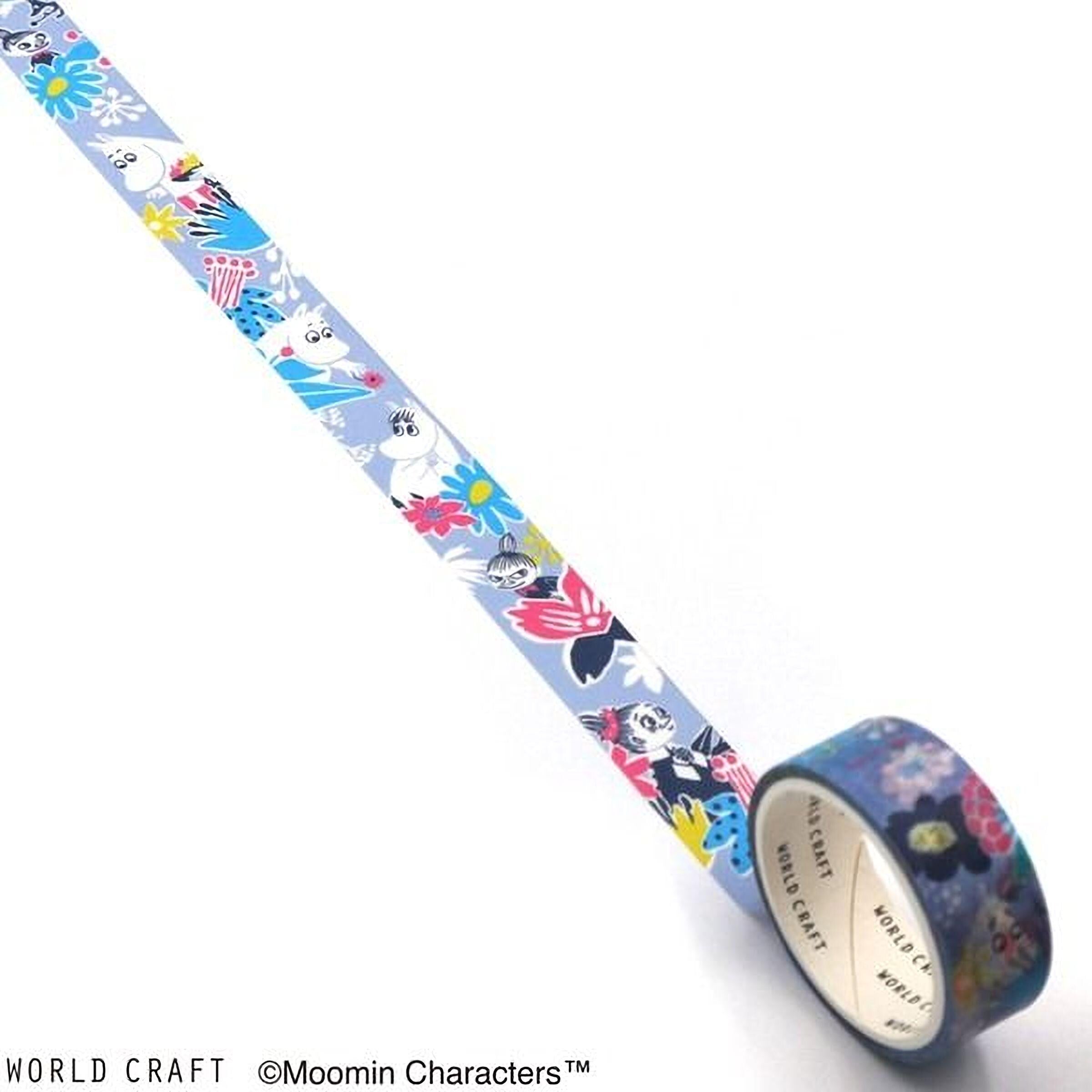 A roll of colorful patterned tape with a design of various cartoon characters on it, placed on a white surface.