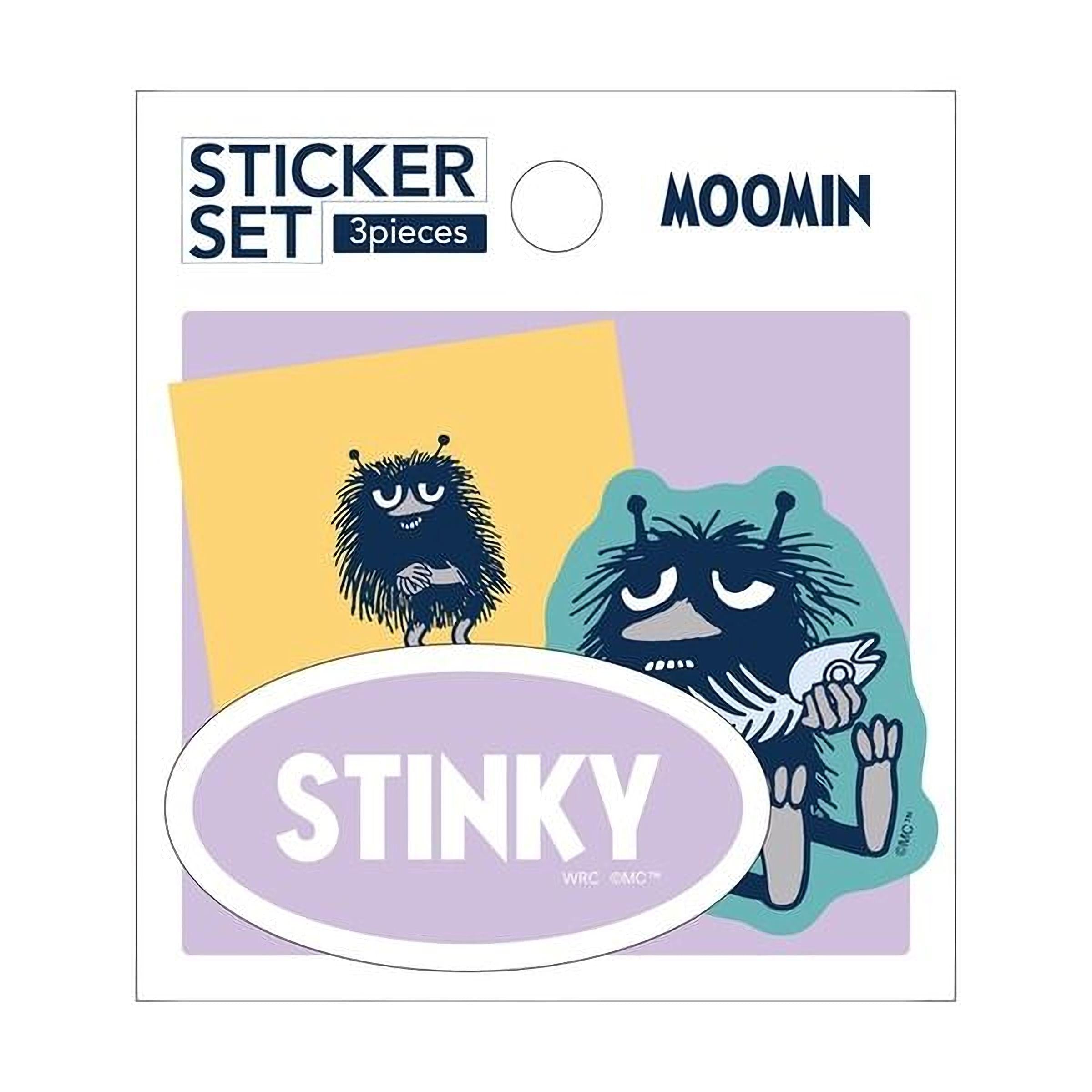 The image is a sticker set featuring cartoon-style creatures, including a character named Stinky.