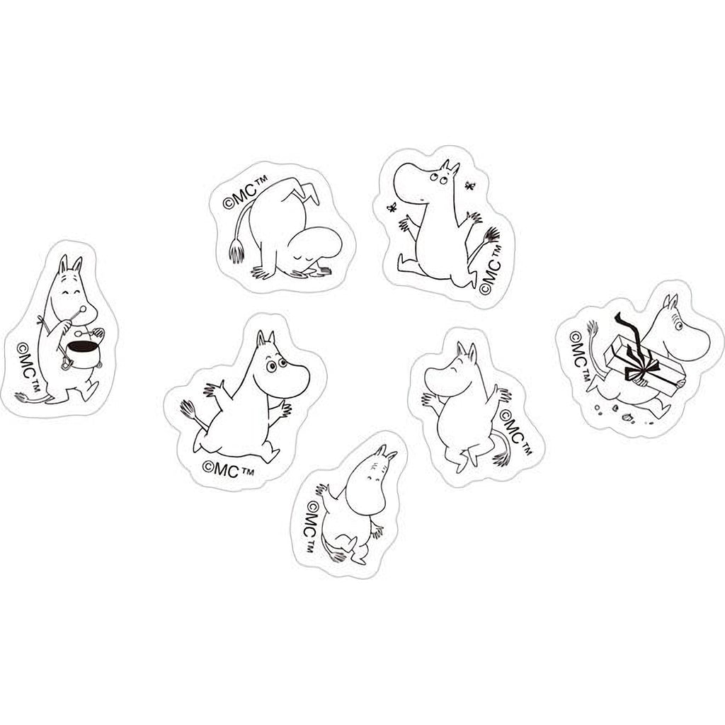 a collection of seven stickers featuring cartoon-style illustrations of Moomo characters.
