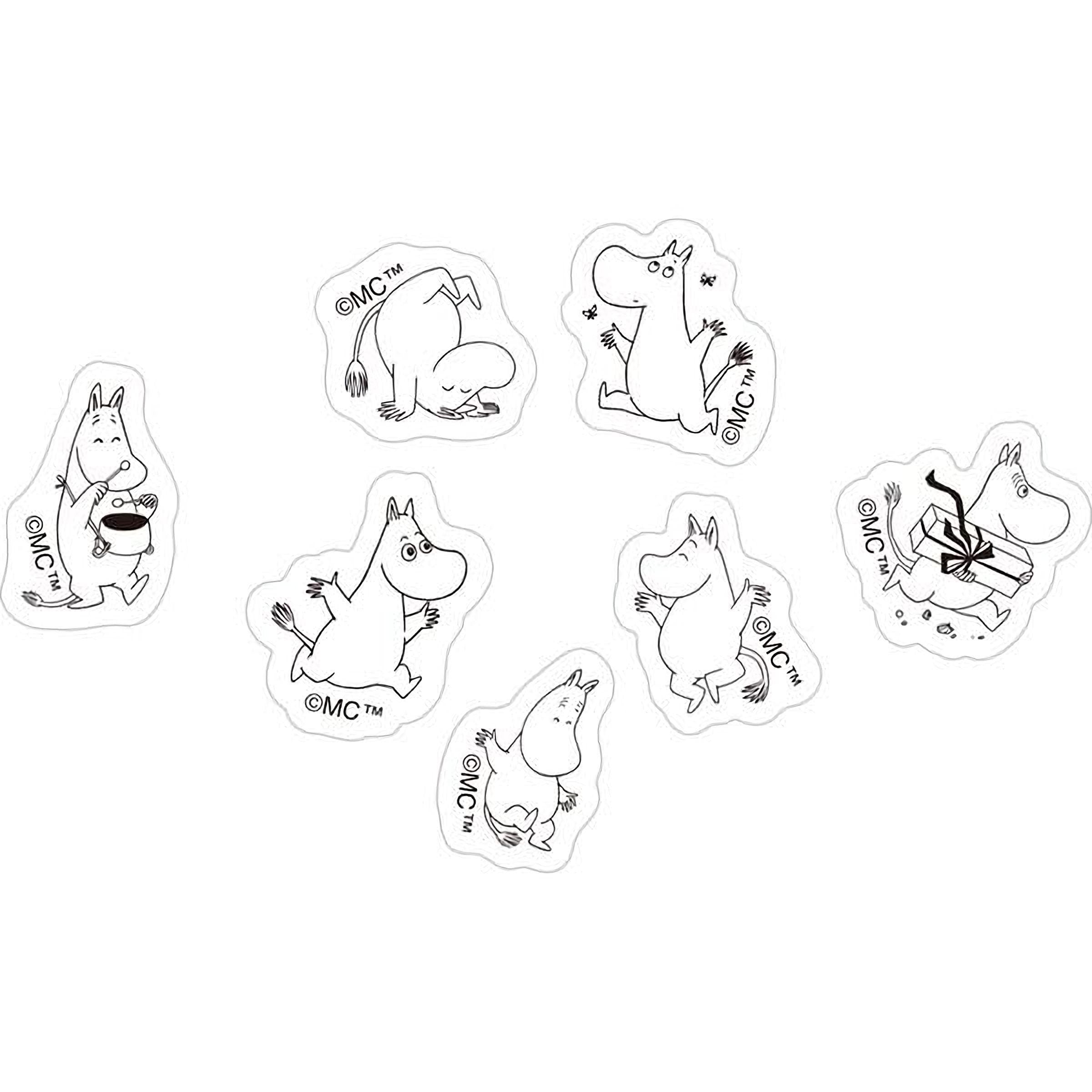 a collection of seven stickers featuring cartoon-style illustrations of Moomo characters.
