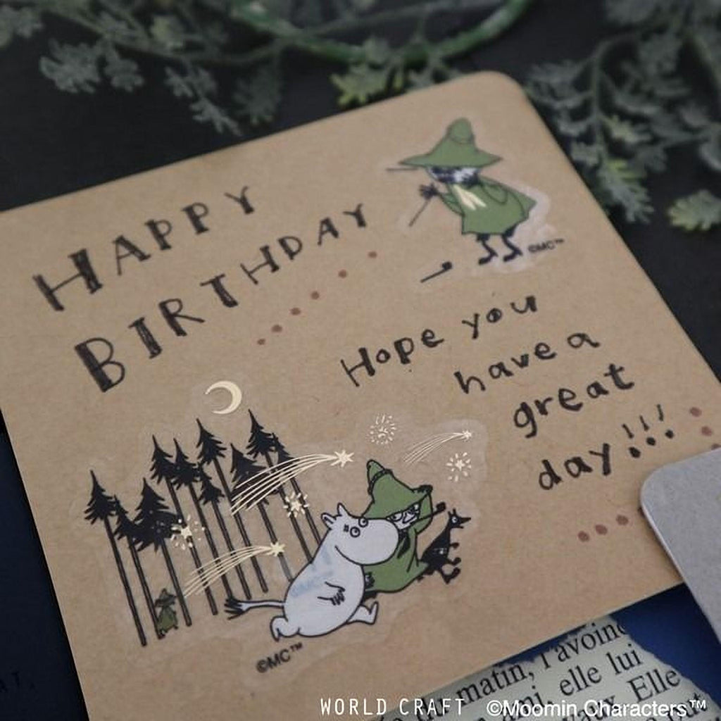 A birthday card with a whimsical illustration of a forest scene and a character wearing a green hat. The card has a message that reads "Happy Birthday - Hope you have a great day!"