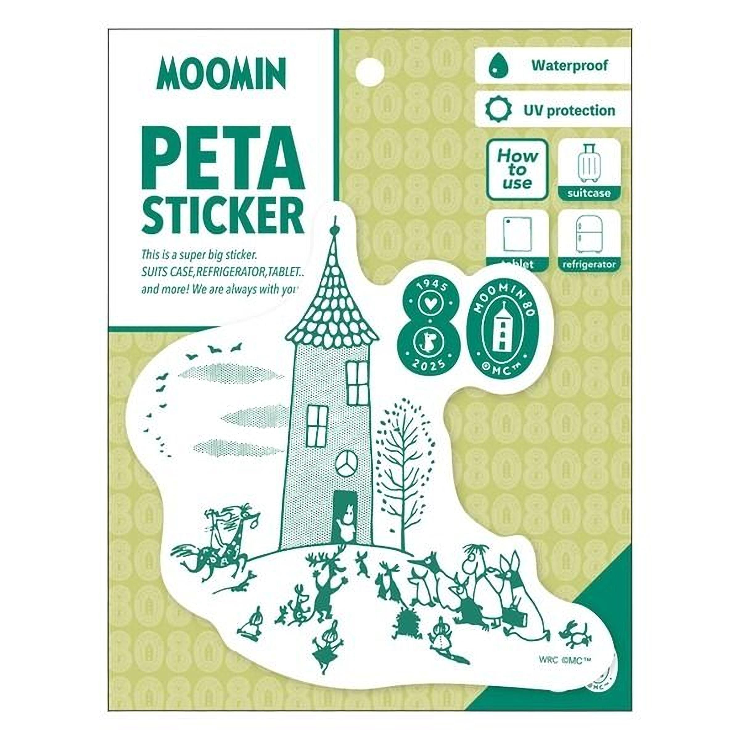 The image is a package for a Moomin PETA sticker. It features a cartoon illustration of a house with a bird on top, surrounded by various cartoon characters. The package includes text and icons indicating the product's features, such as waterproofing, UV protection, and a suitcase.