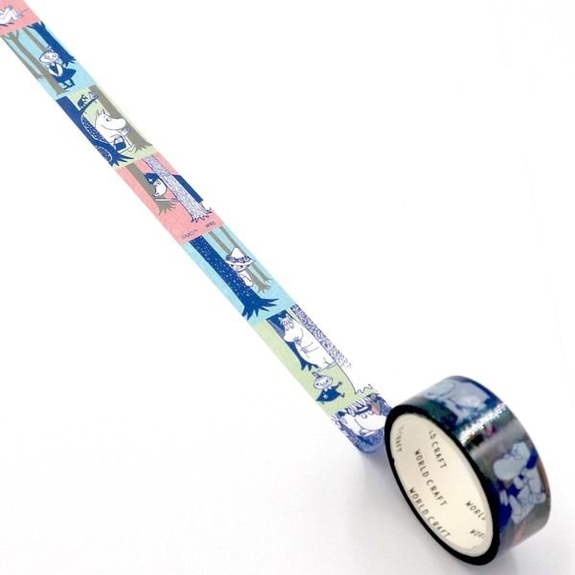 A roll of colorful tape with a pattern of cartoon characters on it, lying on a white surface.