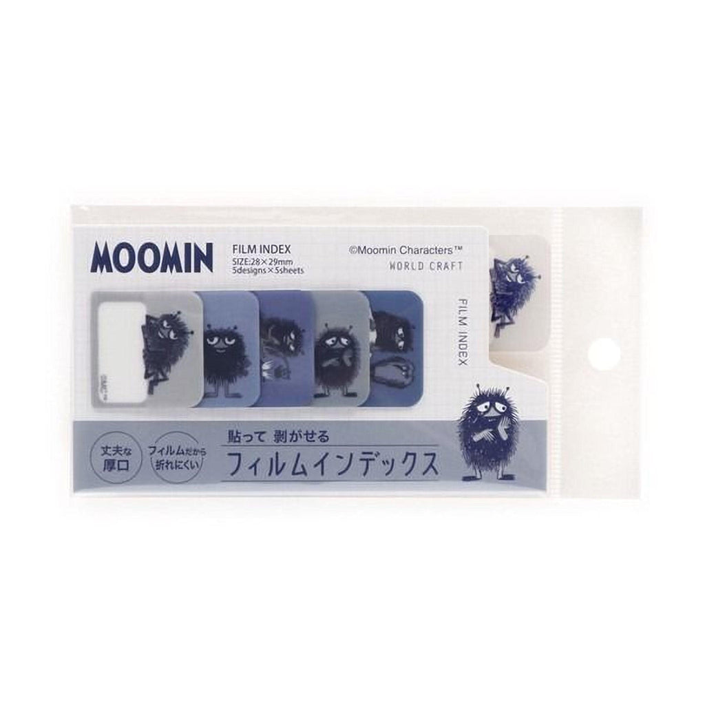 a package of Moomin film index cards, each featuring a character from the Moomin film series. The cards are designed to help users quickly identify and locate specific films in a film library.