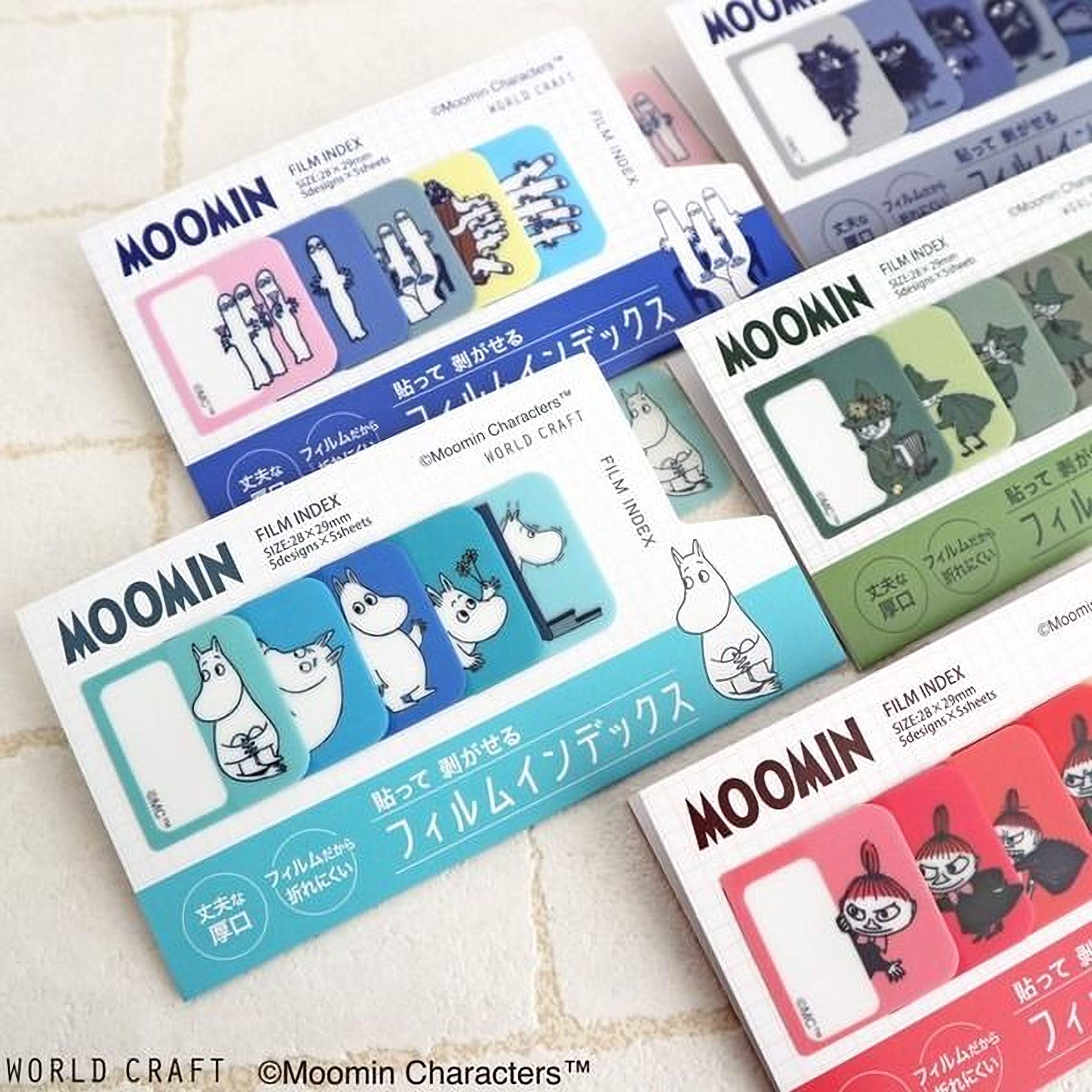 a collection of colorful film index cards featuring the character Moomin.