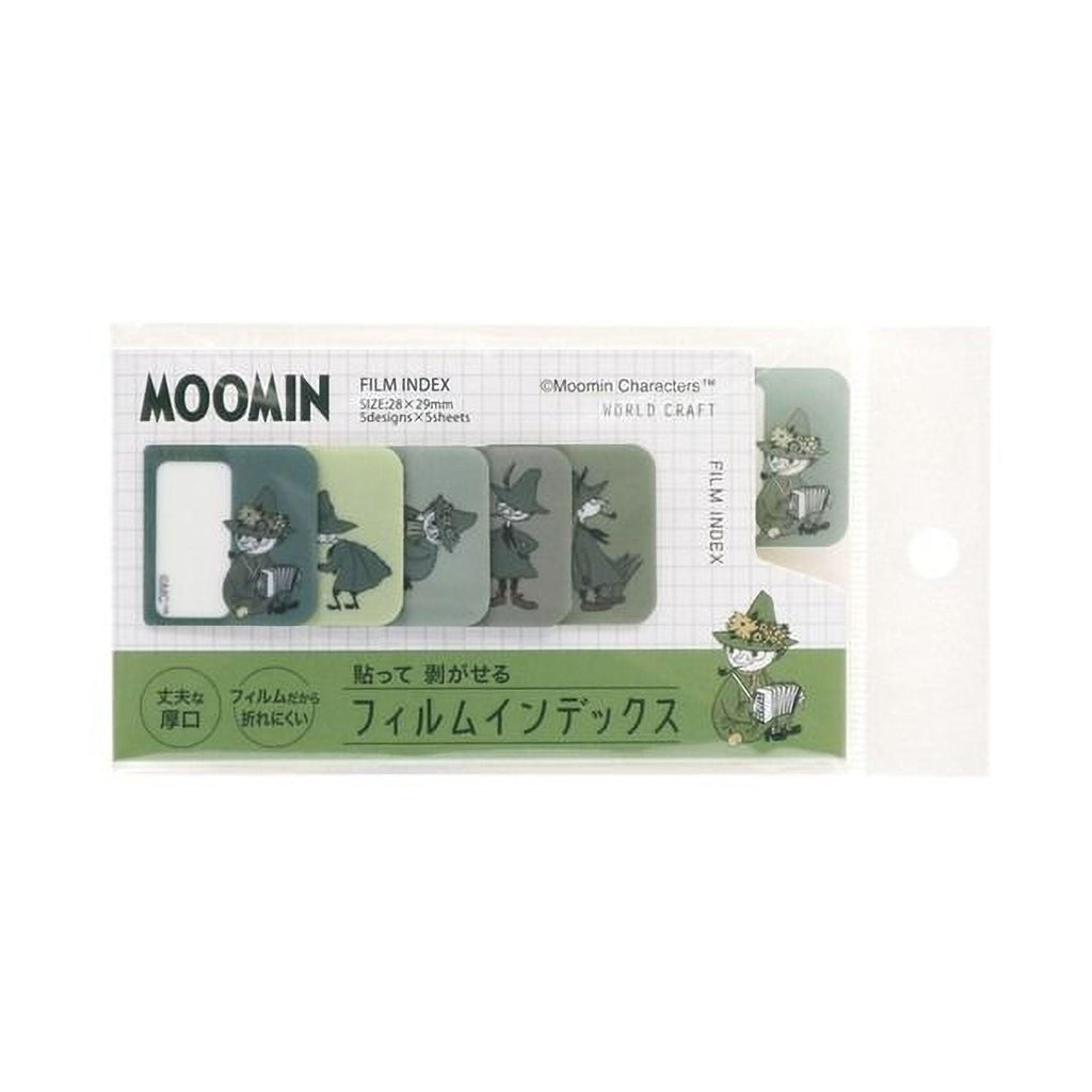 a collection of six film index cards, each featuring a character from the Moomin film series. The cards are designed to help viewers quickly identify and locate specific films or scenes from the series.