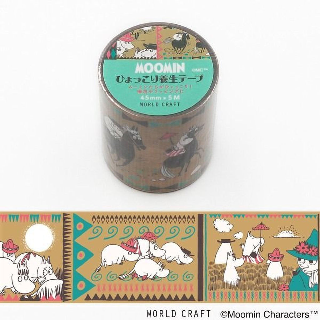 The image is a circular roll of Moomin craft tape featuring various cartoon characters and designs.