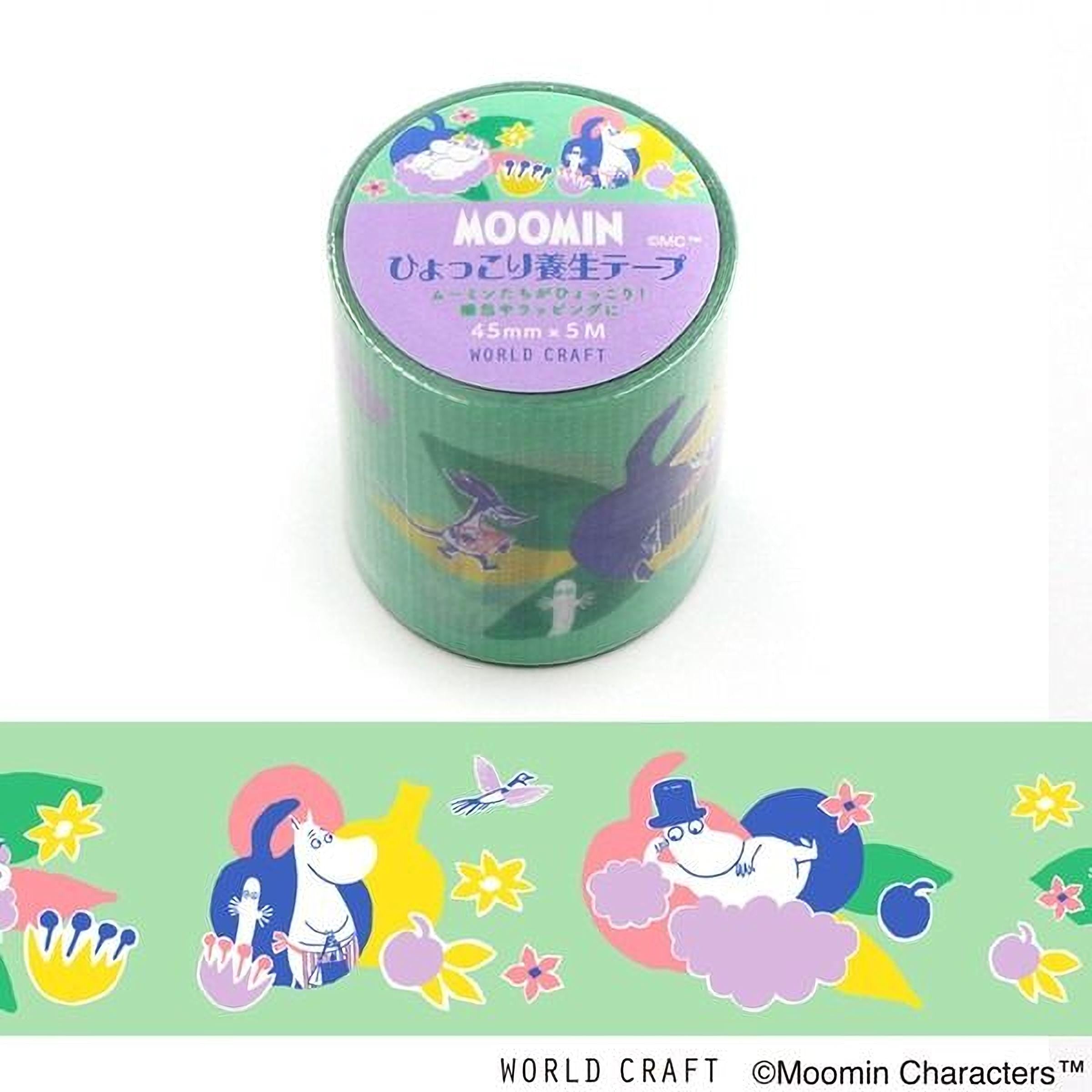A roll of Moomin craft tape with a colorful, cartoonish design featuring characters and nature-inspired elements.