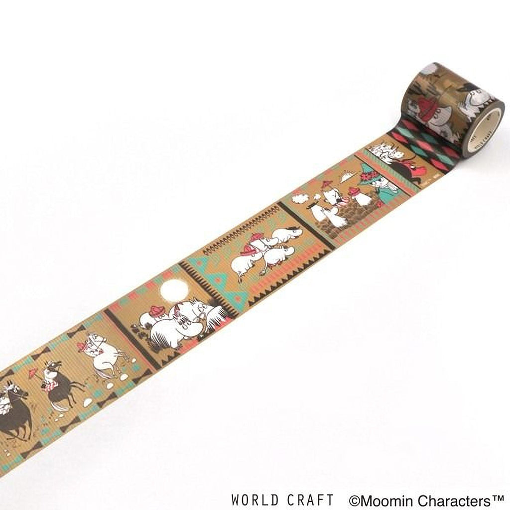 A roll of decorative tape with a repeating pattern of various cartoon-style illustrations, including animals, people, and geometric shapes.