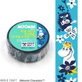 a circular object with a label and a blue and white striped vertical banner with illustrations of Moomin characters.