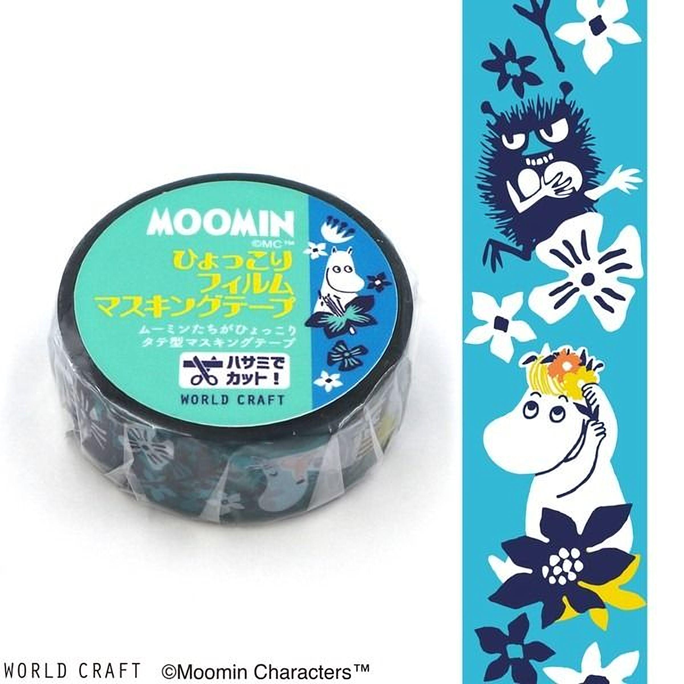 a circular object with a label and a blue and white striped vertical banner with illustrations of Moomin characters.