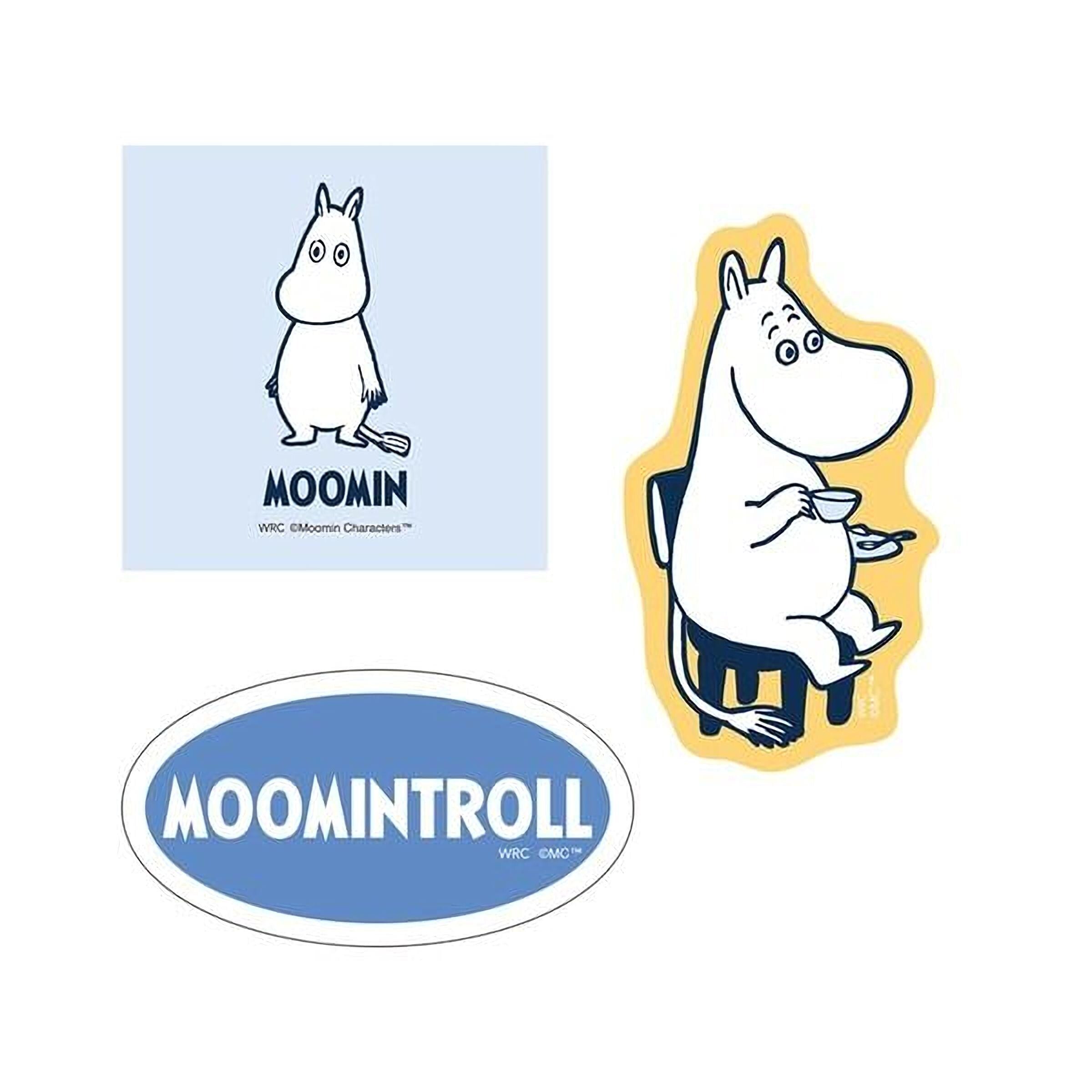 three different illustrations related to the character Moomin. The first illustration is a simple cartoon depiction of Moomin, the second illustration is a more detailed illustration of Moomin sitting in a chair, and the third illustration is a sticker or logo featuring Moomin.