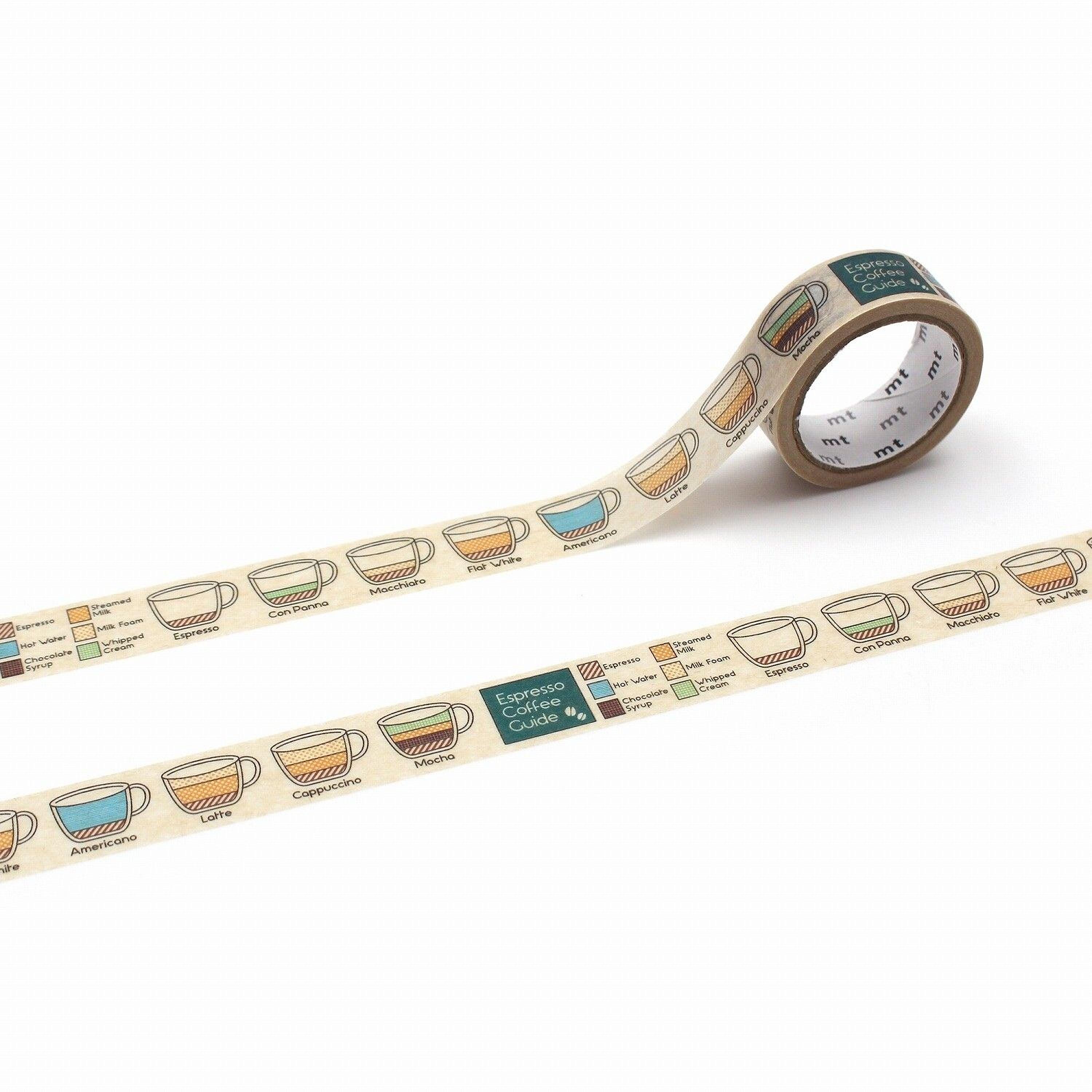 A roll of tape with a repeating pattern of coffee cups on it, along with a green label that reads "Coffee Guide".