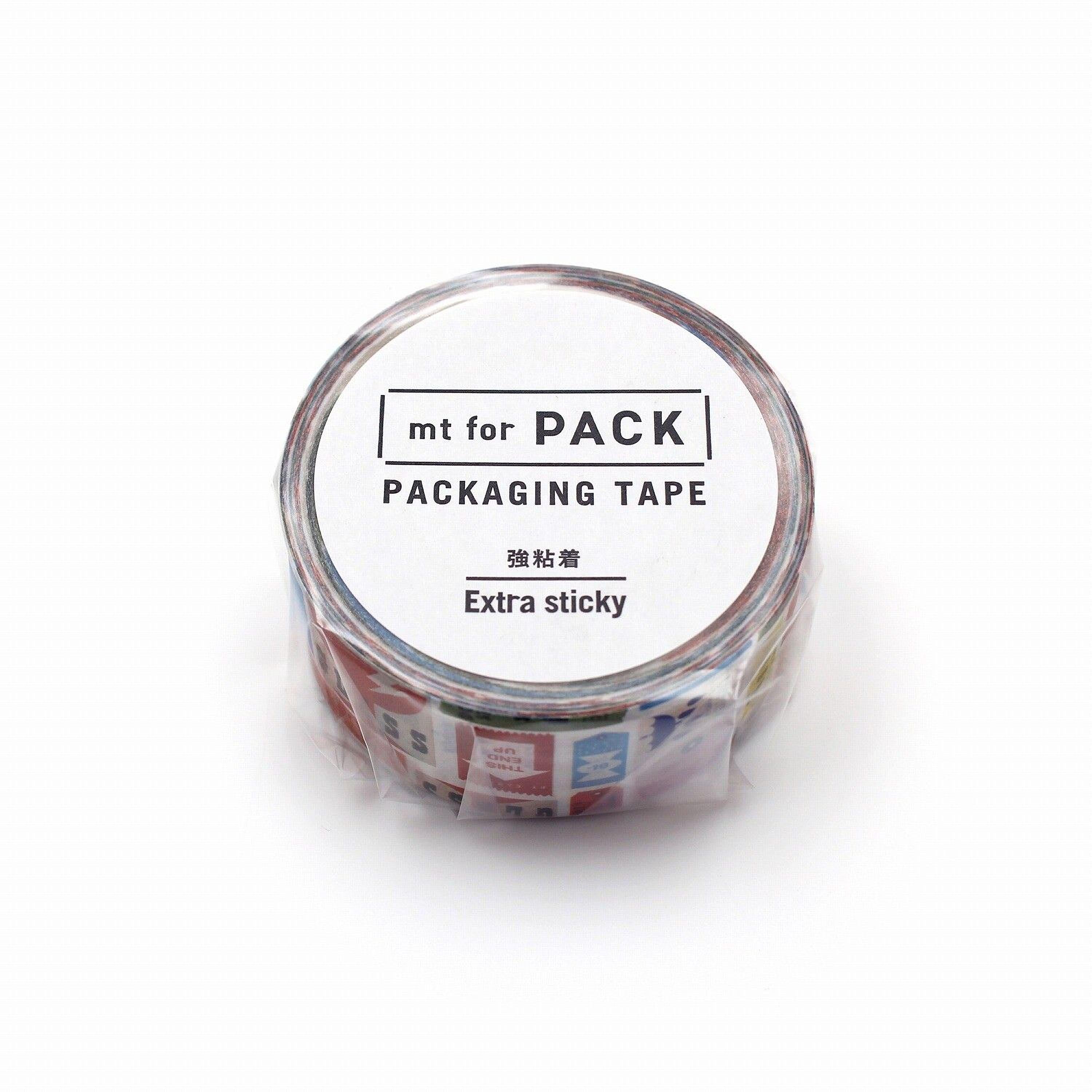 A roll of packaging tape with the label "mt for PACK PACKAGING TAPE Extra sticky" printed on it.