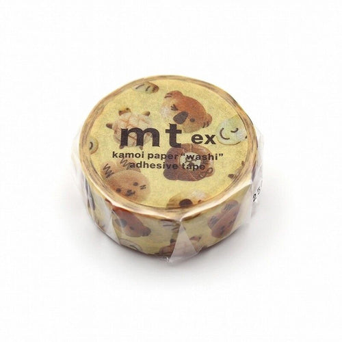 A round, yellow, and brown paper tape roll with a pattern of teddy bears on it.