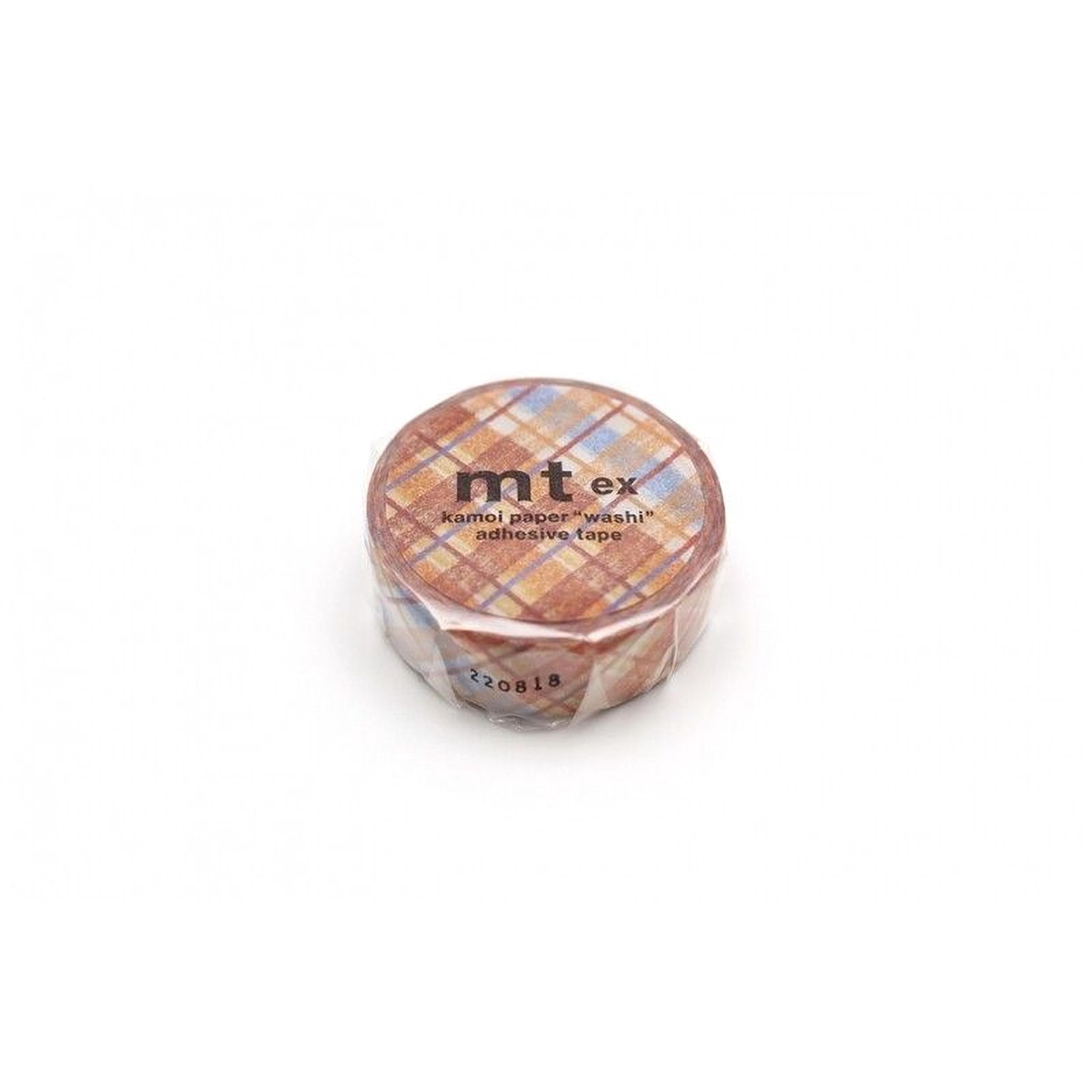 A round, cylindrical container with a plaid pattern and text printed on it.