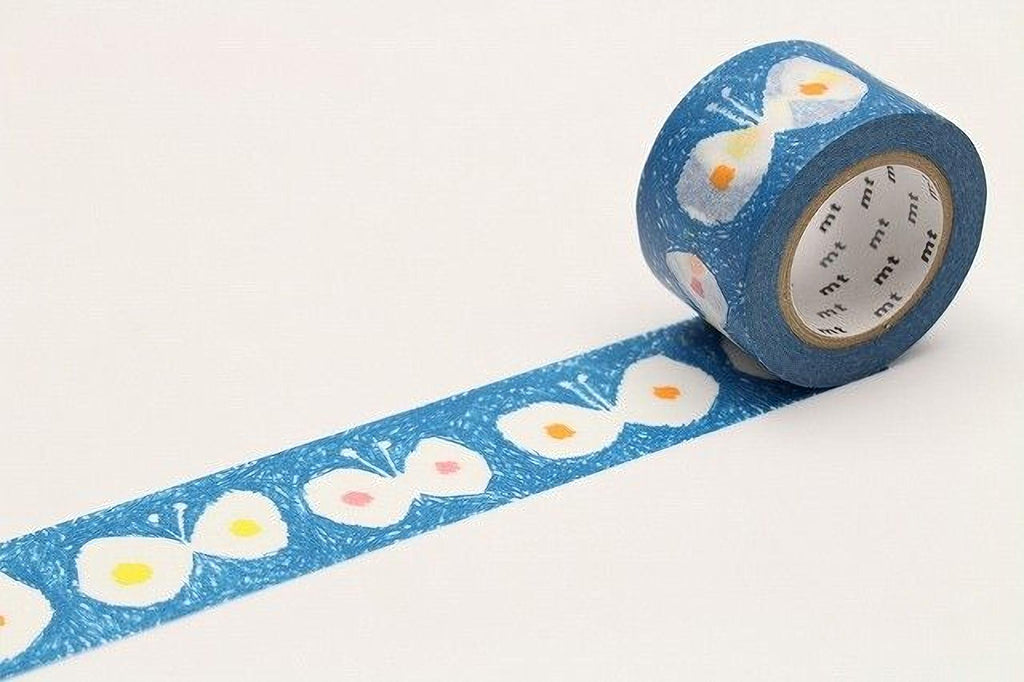 A roll of blue and white patterned tape with a repeating butterfly design is shown against a white background.