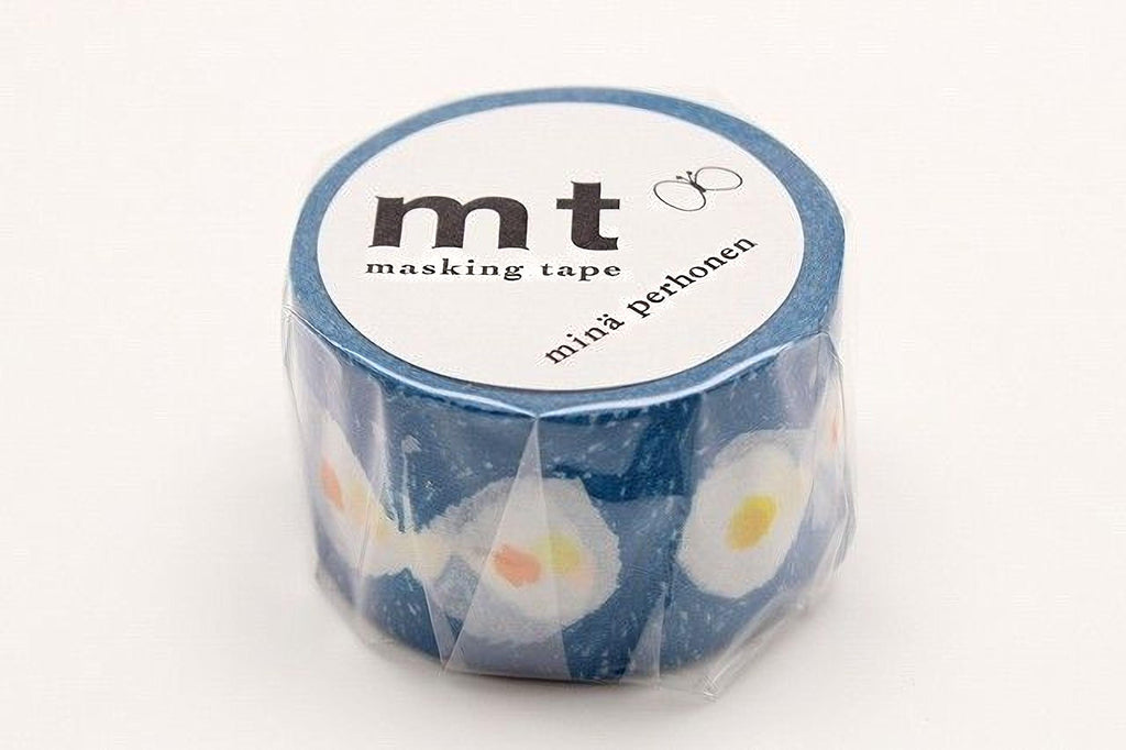 A roll of blue and white patterned masking tape with the text "mt masking tape minä pethonen" printed on it.