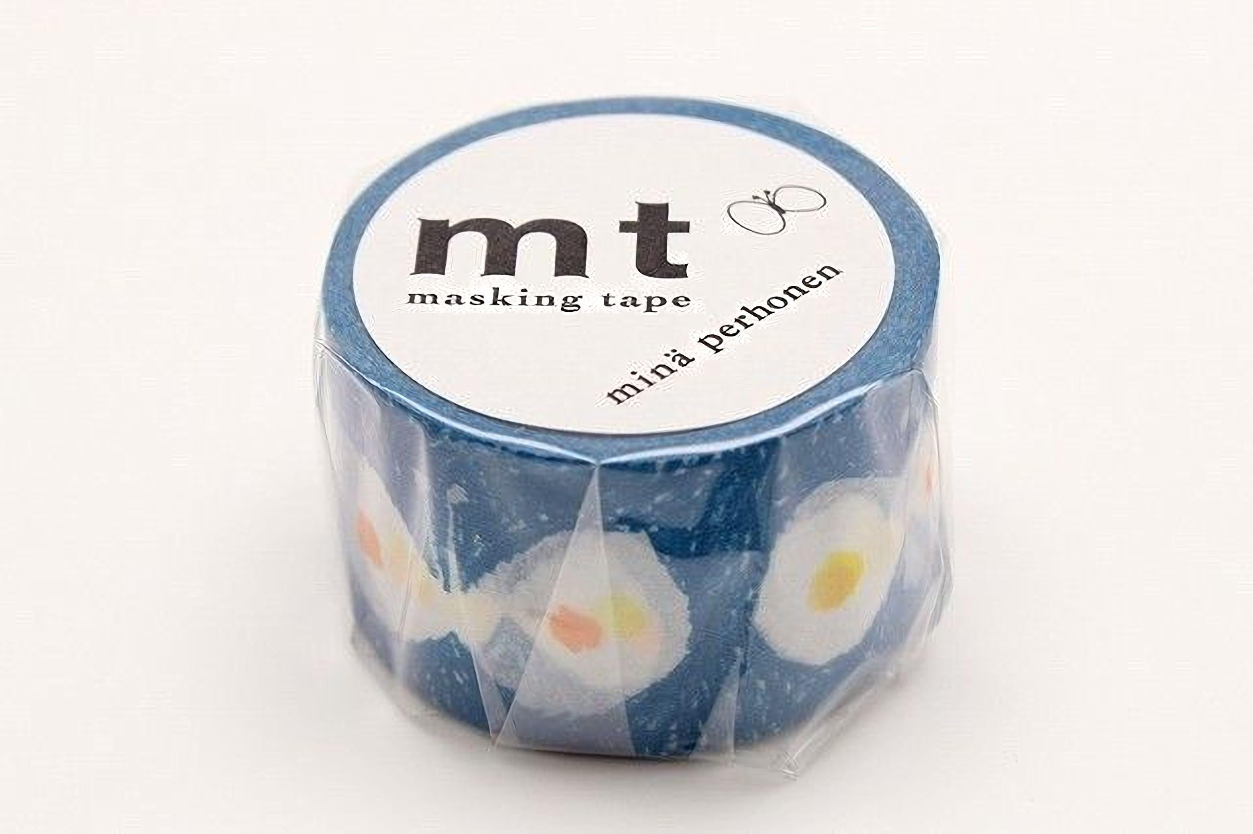 A roll of blue and white patterned masking tape with the text "mt masking tape minä pethonen" printed on it.