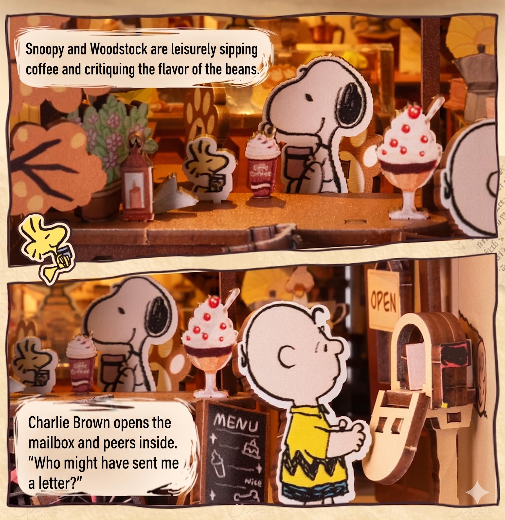 The image is a collage of two panels featuring characters from the Peanuts comic strip, including Snoopy and Woodstock. In the first panel, Snoopy and Woodstock are leisurely sipping coffee and discussing the flavor of the beans. In the second panel, Snoopy opens a mailbox and peers inside, while Woodstock looks on. The text in the image includes a dialogue between the characters, such as "Snoopy and Woodstock are leisurely sipping coffee and critiquing the flavor of the beans."