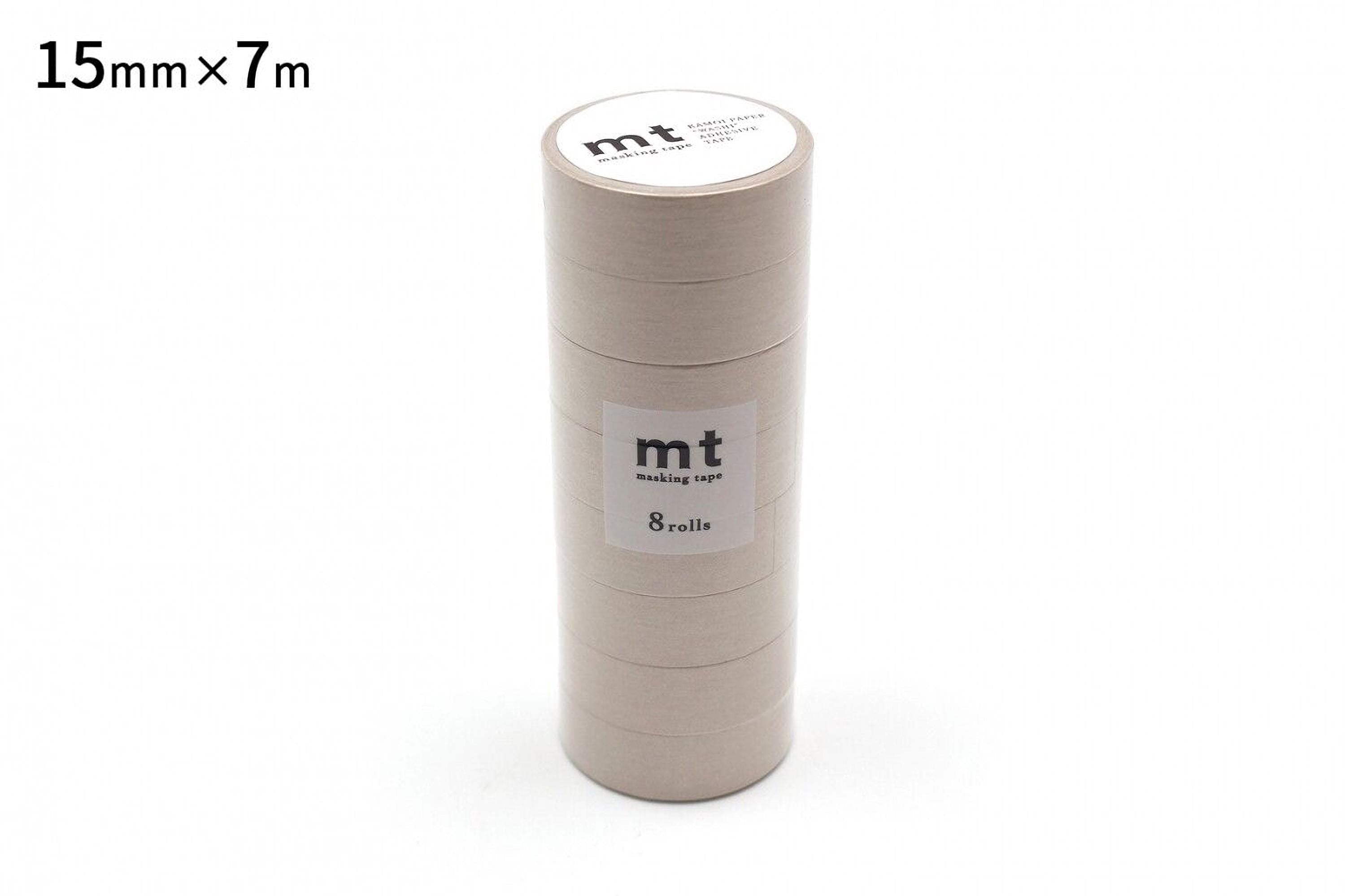 A cylindrical container of masking tape, with the label indicating it is "15mm x 7m" and "mt masking tape 8 rolls".